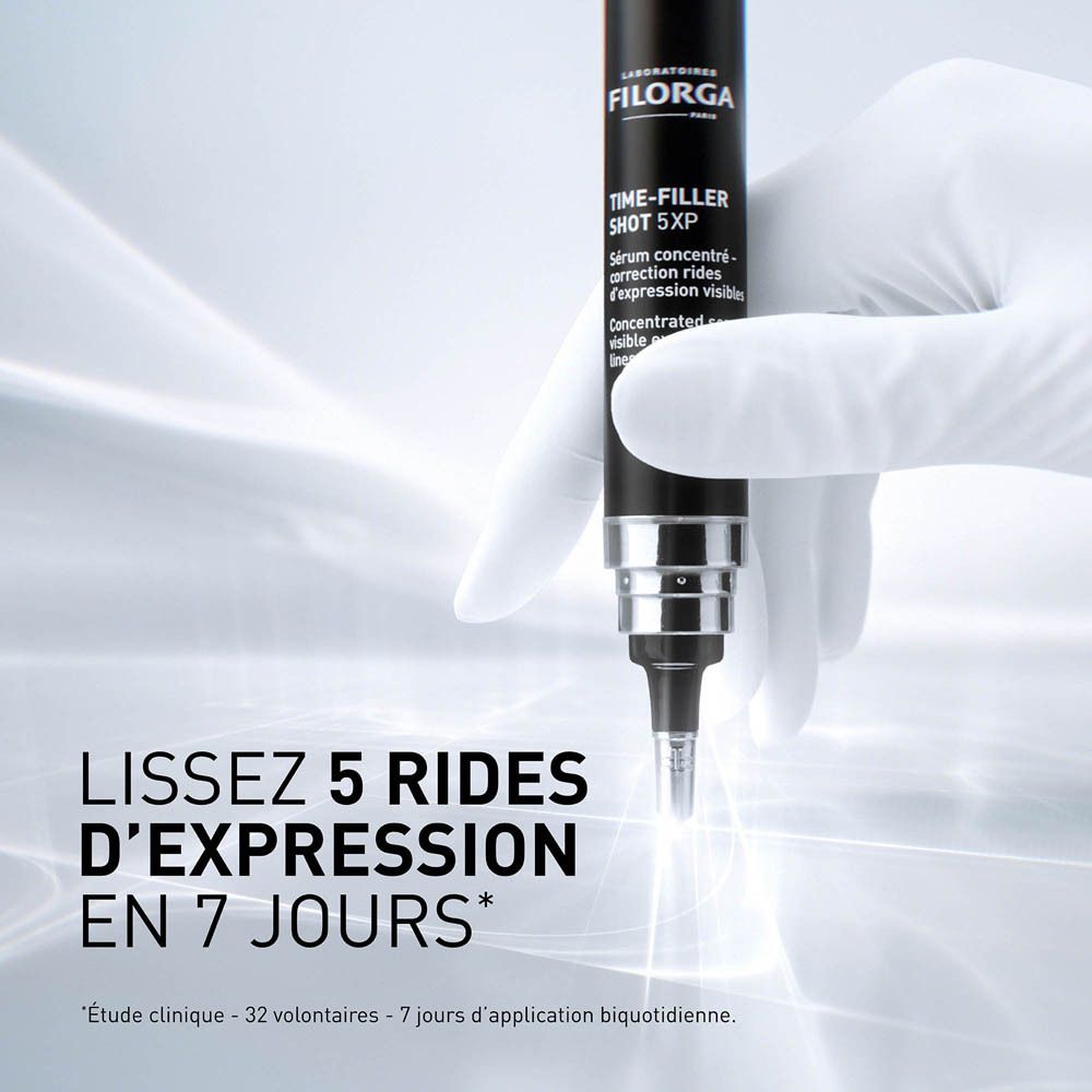 Main avec applicateur Filorga. Texte : Lissez 5 rides d'expression en 7 jours. Étude clinique.