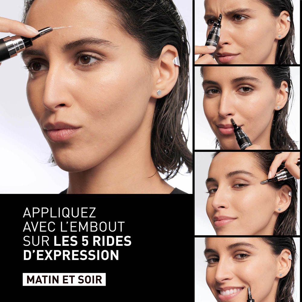 Femme avec applicateur. Application sur 5 rides d'expression. Matin et soir.