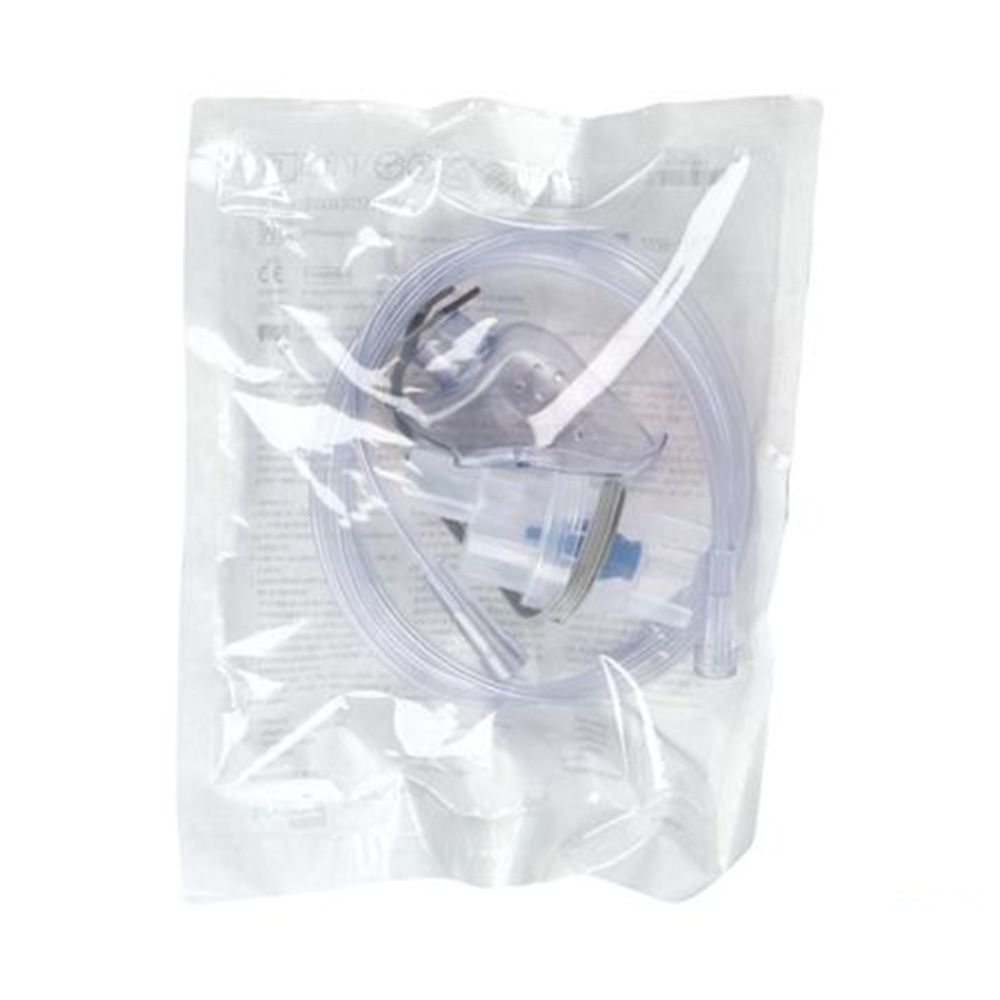 Kit de nébulisation dans un sachet transparent. Comprend un masque, un tube et des accessoires. Composants bleus et transparents.