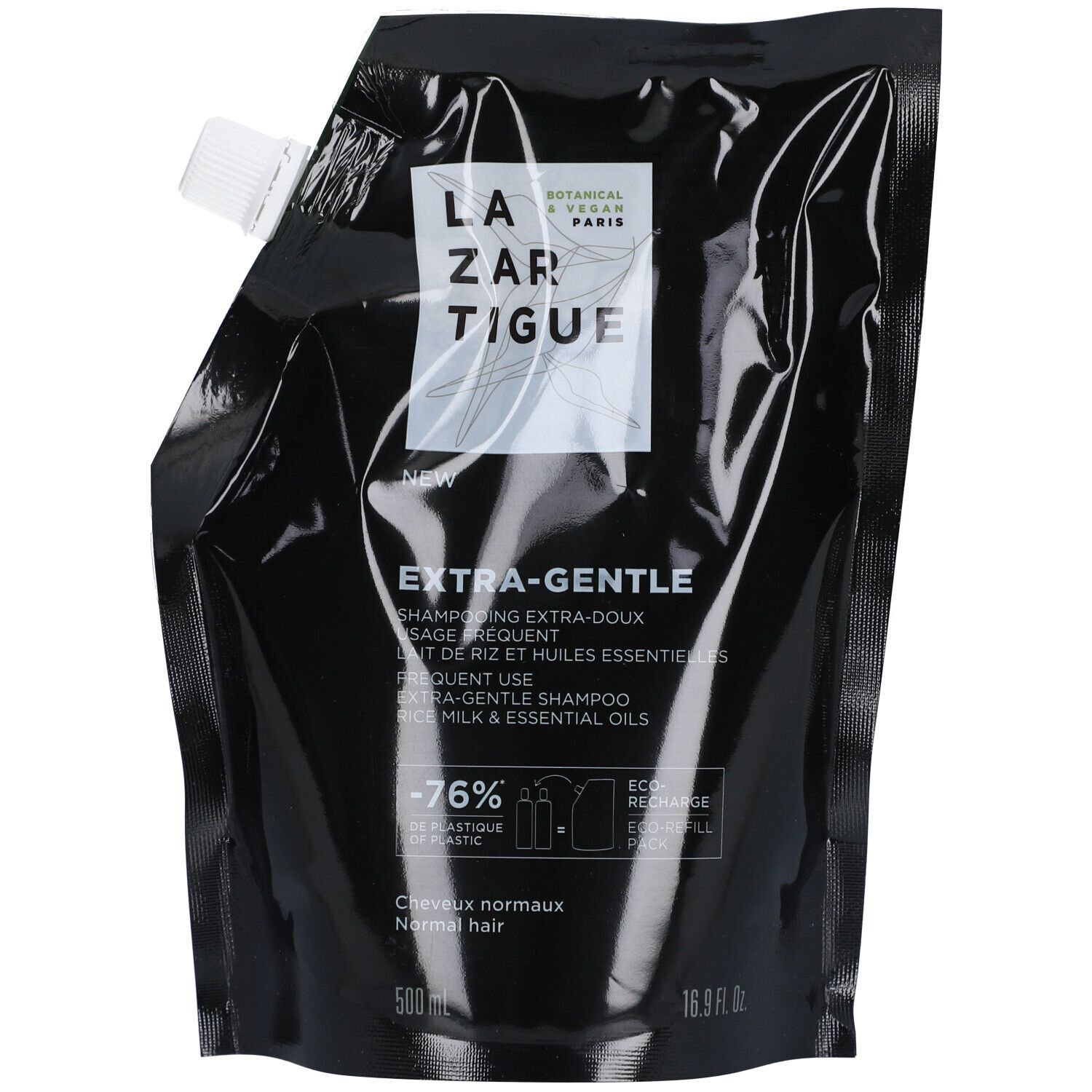 Pochette de recharge noire pour shampooing Extra-Doux, lait de riz et huiles essentielles, 500 ml.