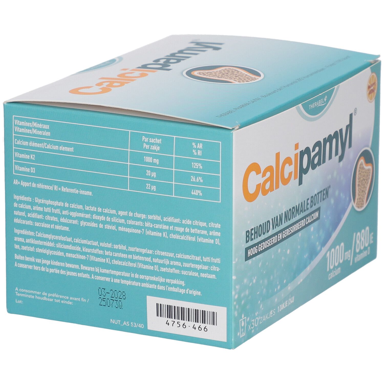 Boîte Calcipamyl. Contient des informations sur les ingrédients et les valeurs nutritionnelles. Illustration d'un os.