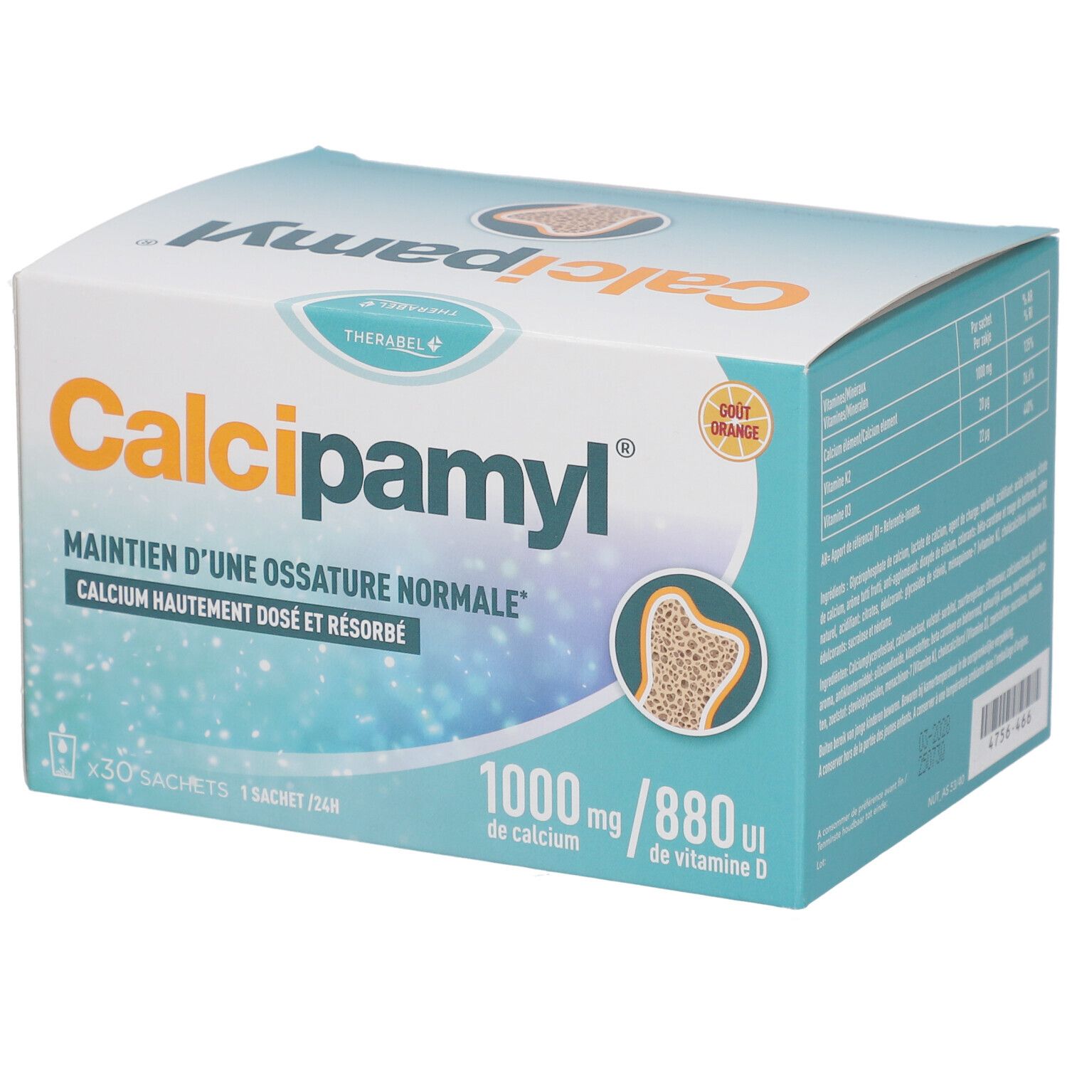 Boîte Calcipamyl. Contient 30 sachets. Informations sur le calcium et la vitamine D. Illustration d'un os.
