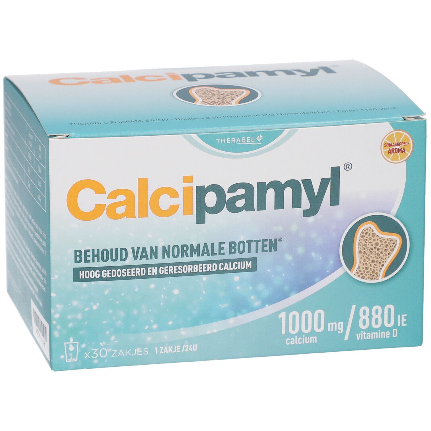 Boîte Calcipamyl. Contient 30 sachets. Informations sur le calcium et la vitamine D. Illustration d'un os.