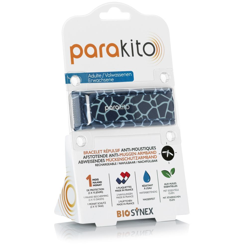 Bracelet anti-moustiques Parakito pour adultes, motif girafe, rechargeable. Emballage. Ingrédients naturels.
