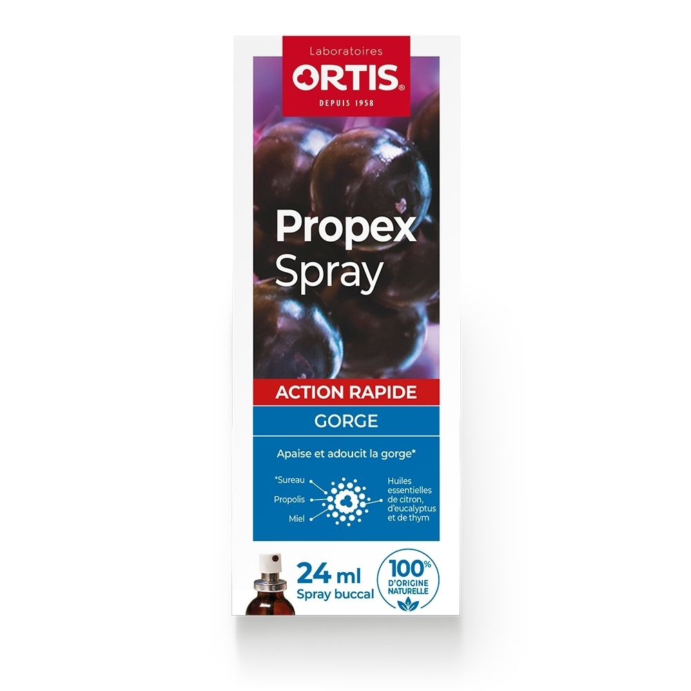 Ortis Propex Spray: Boîte en carton avec illustration de baies sombres, nom du produit et 24ml.