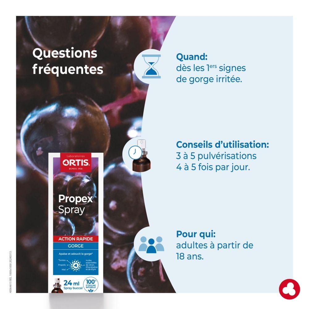 Ortis Propex Spray: Infographie sur les bienfaits des plantes et des produits de la ruche pour la gorge, avec image du produit.