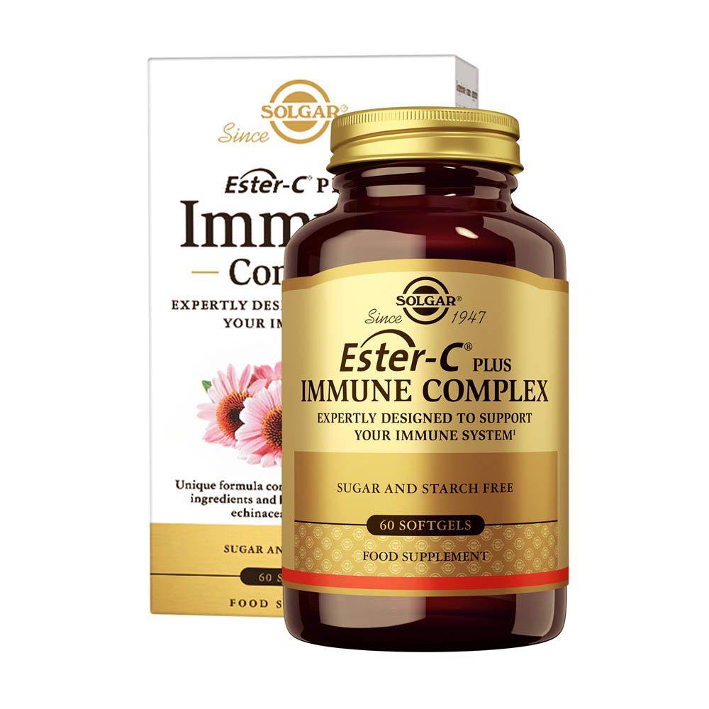 Produit et emballage. Boîte blanche et flacon en verre brun. Marque : Solgar. Nom du produit : Ester-C Plus Immune Complex.