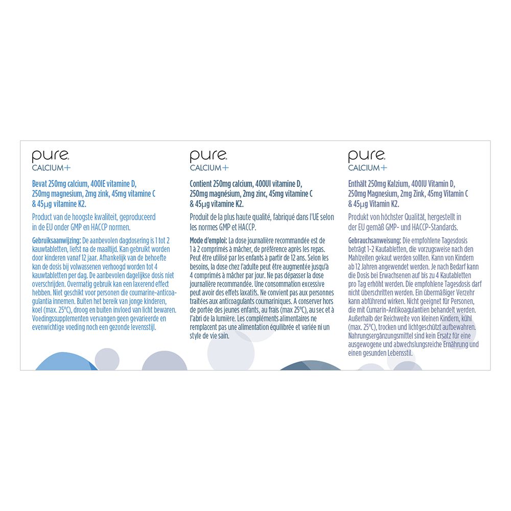 Deux boîtes "pure CALCIUM+". Texte et flèches. Comprimés à mâcher. Fond beige.