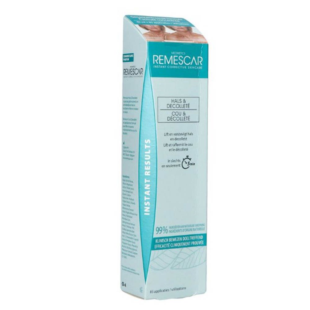 Vue de face de l'emballage REMESCAR Cou & Décolleté. Nom du produit, description et texte 'Instant Results'. 60 applications.