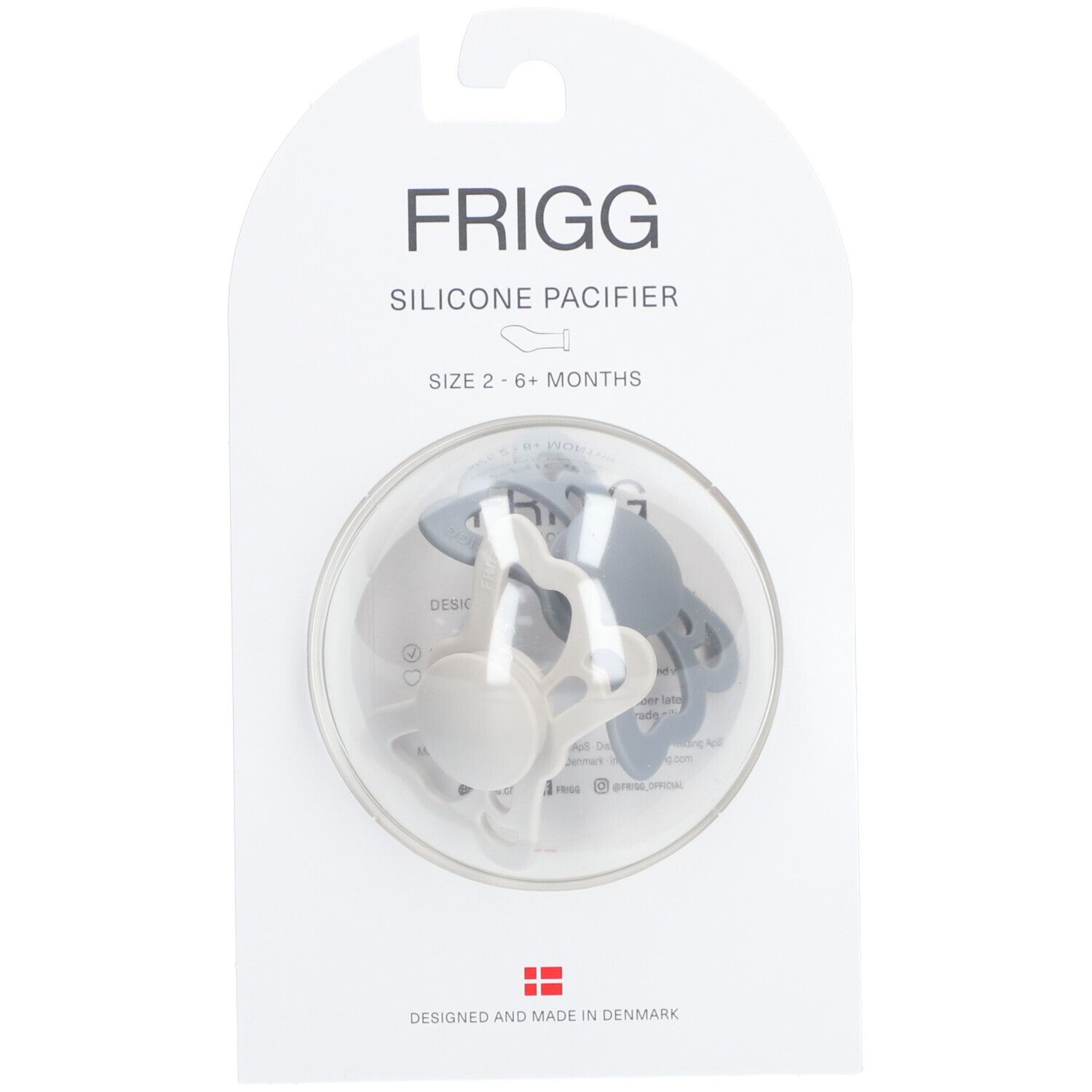 FRIGG sucette en silicone, forme papillon, grise et argentée, en emballage. Taille 2-6+ mois.
