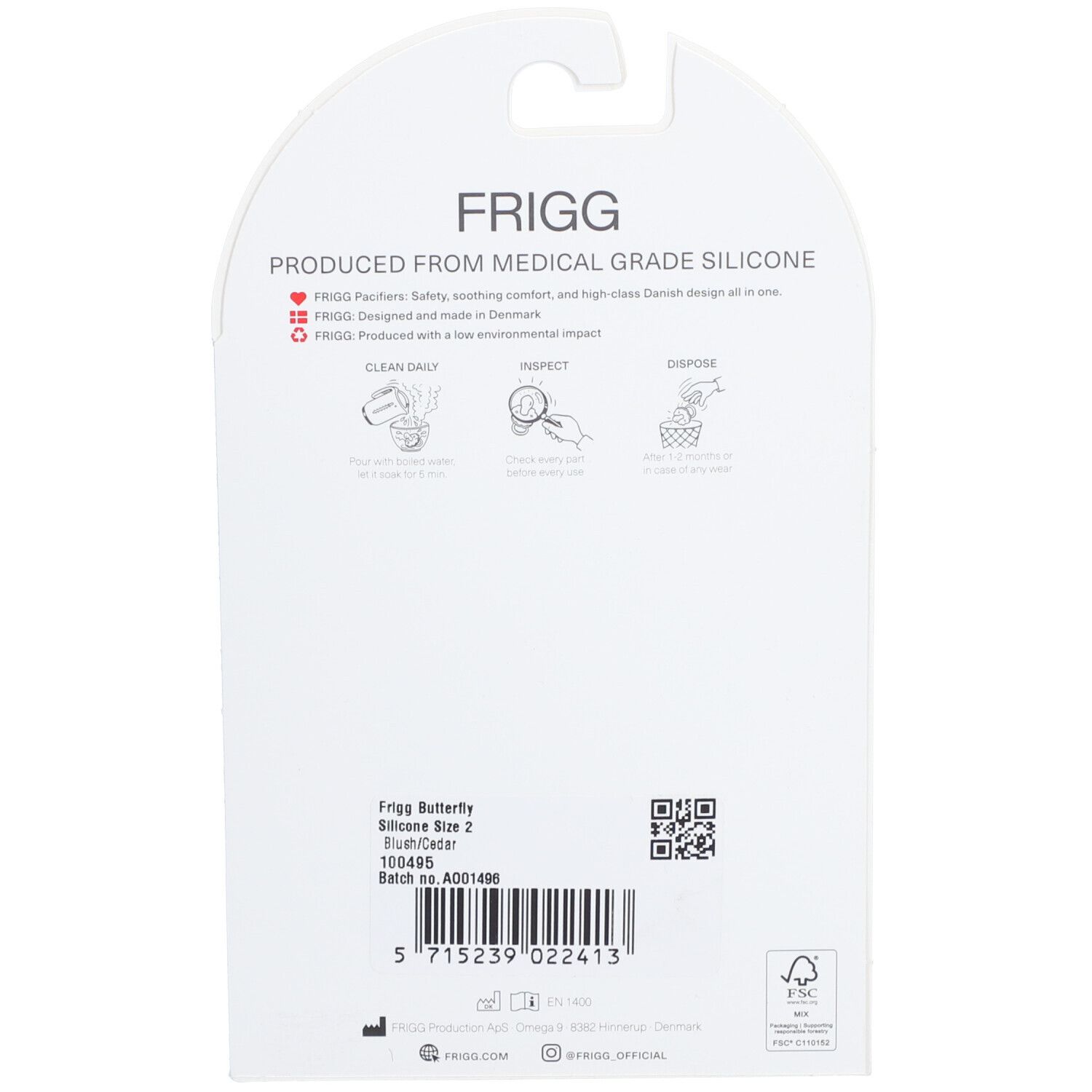 Dos de l'emballage. Texte : FRIGG, fabriqué en silicone de qualité médicale. Instructions, code QR, label FSC.