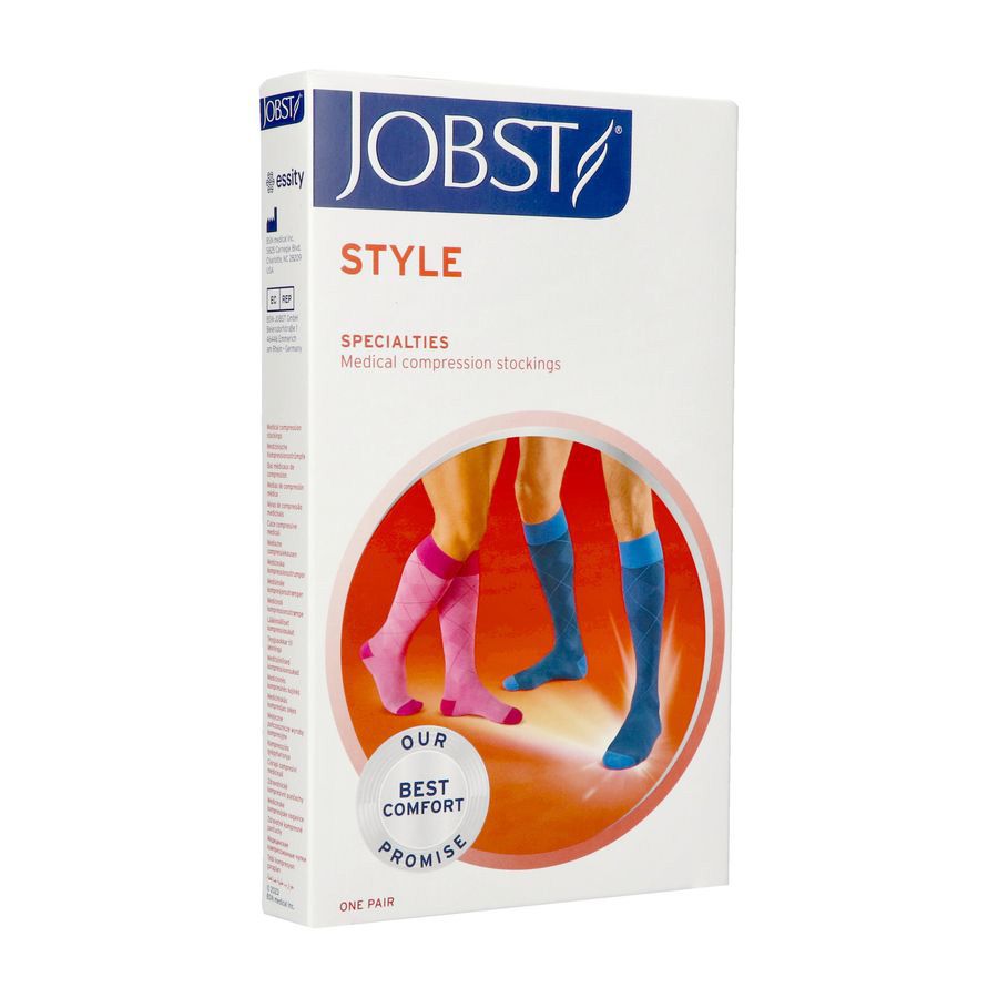 Boîte de bas de compression JOBST STYLE. Bas roses et bleus illustrés. Texte : STYLE, BEST COMFORT PROMISE.
