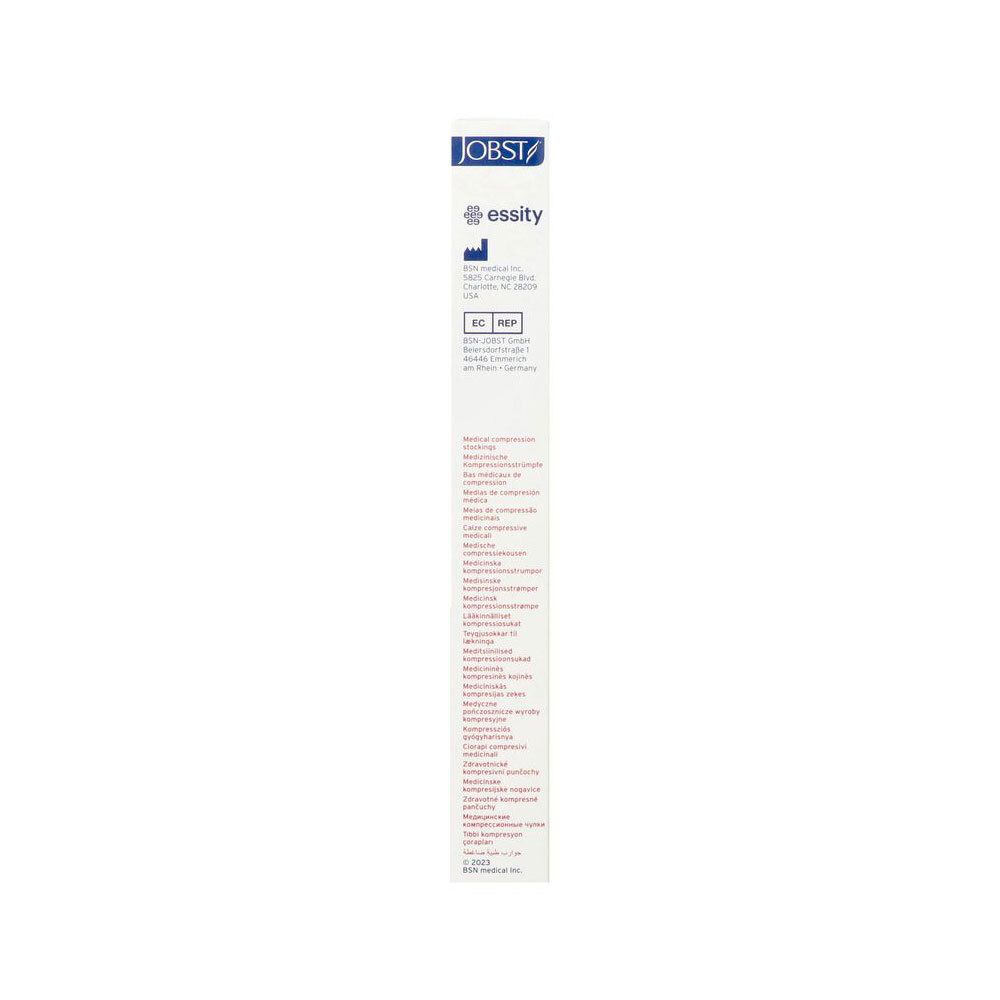 Côté de l'emballage Jobst Style avec texte. Logo et illustrations de bas roses et bleus.