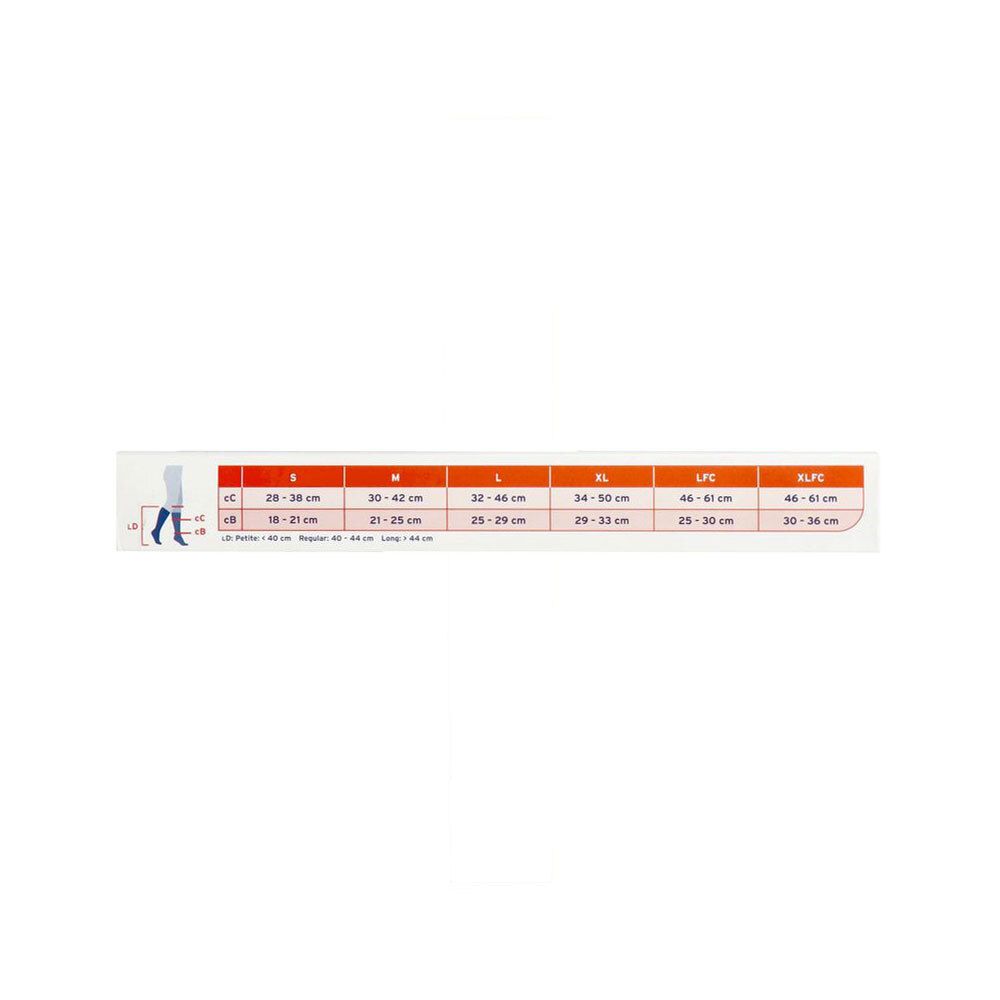Côté de l'emballage Jobst Style avec tableau des tailles. Illustrations de bas. Texte multilingue.