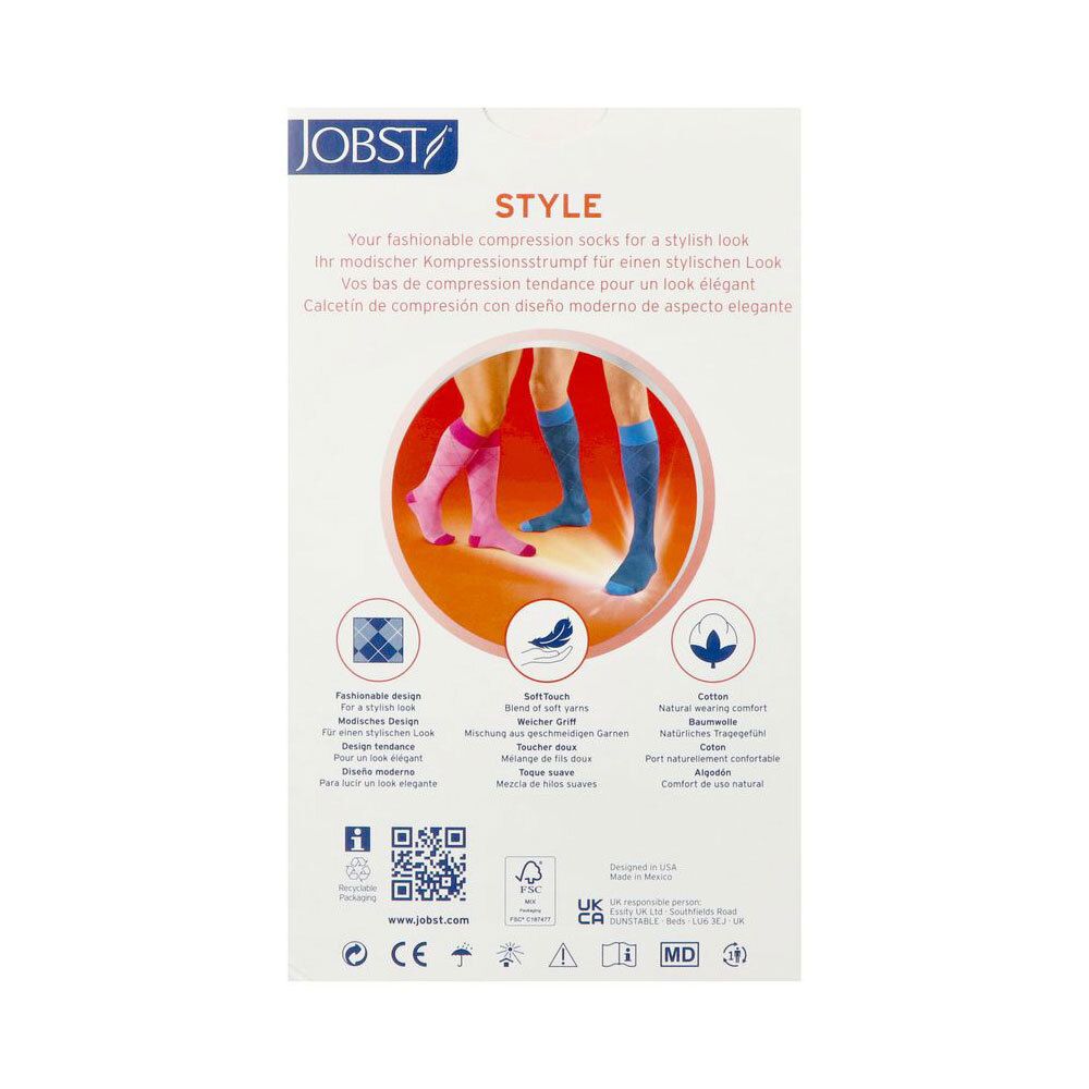 Dos de l'emballage Jobst Style. Texte multilingue. Illustrations de bas roses et bleus.