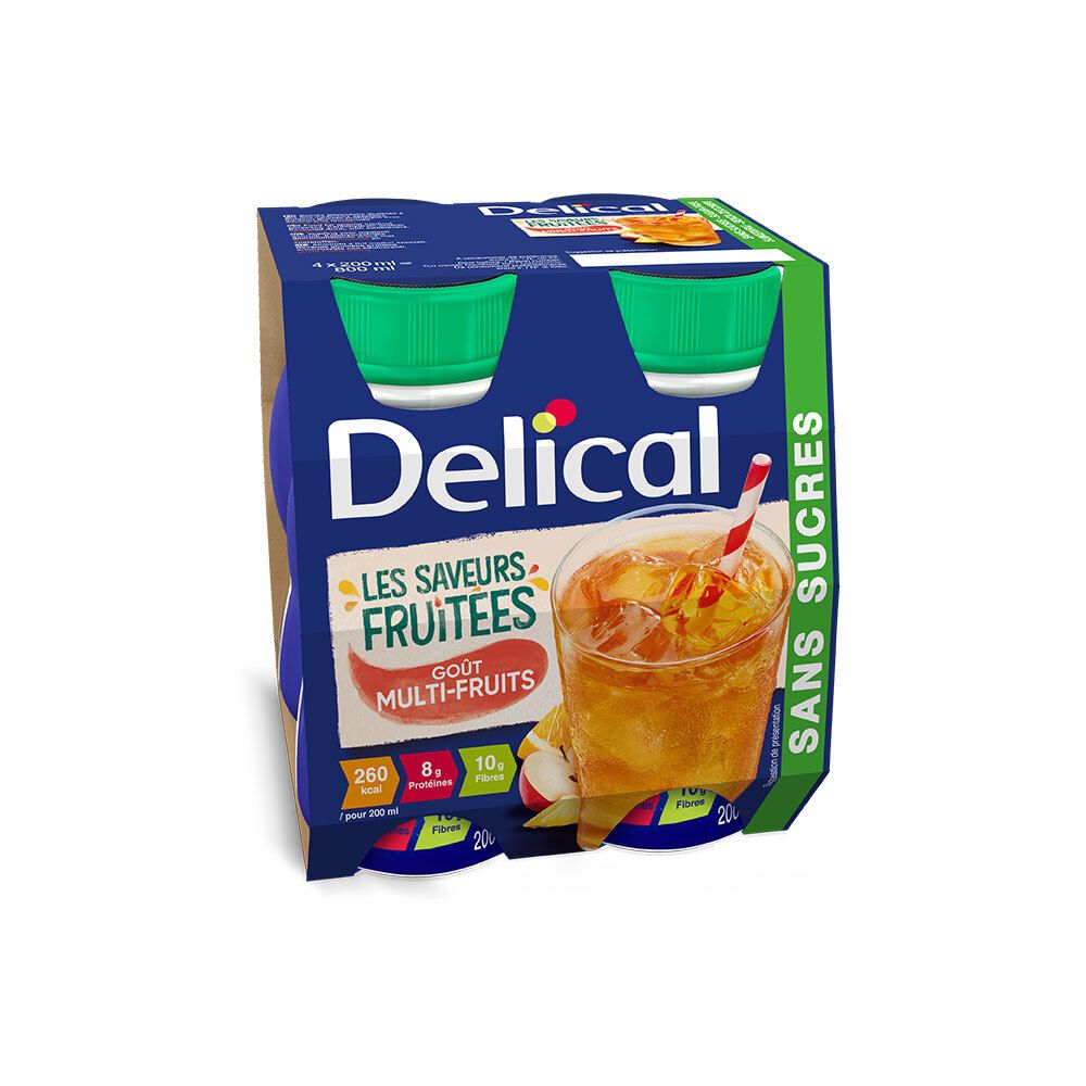 Pack de 4 bouteilles Delical. Emballage bleu avec image du produit. Inscription: Les Saveurs Fruitees, Goût Multi-Fruits, Sans Sucres.