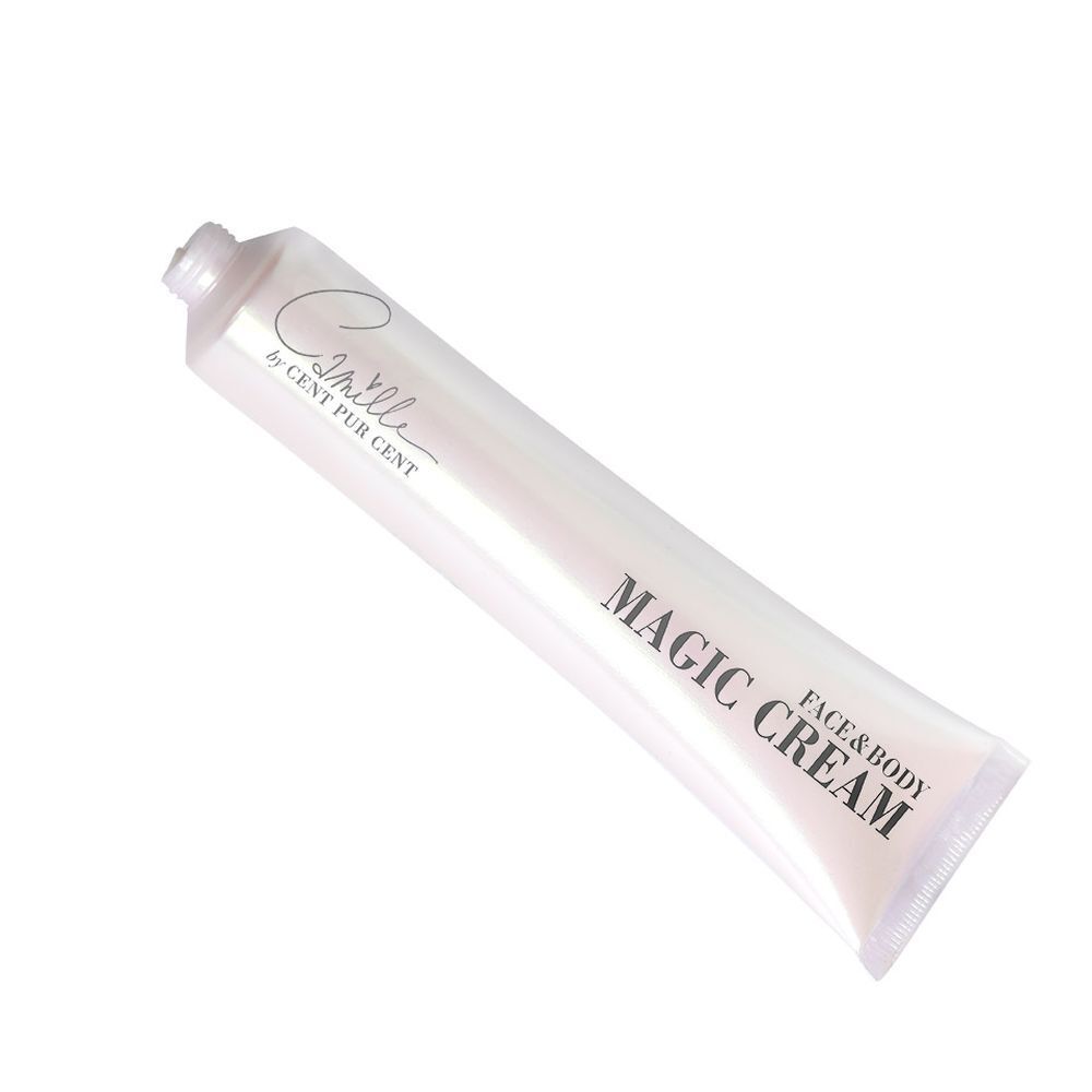 Tube de crème avec bouchon argenté. Inscription : Camille by Cent Pur Cent, Magic Cream Face & Body.