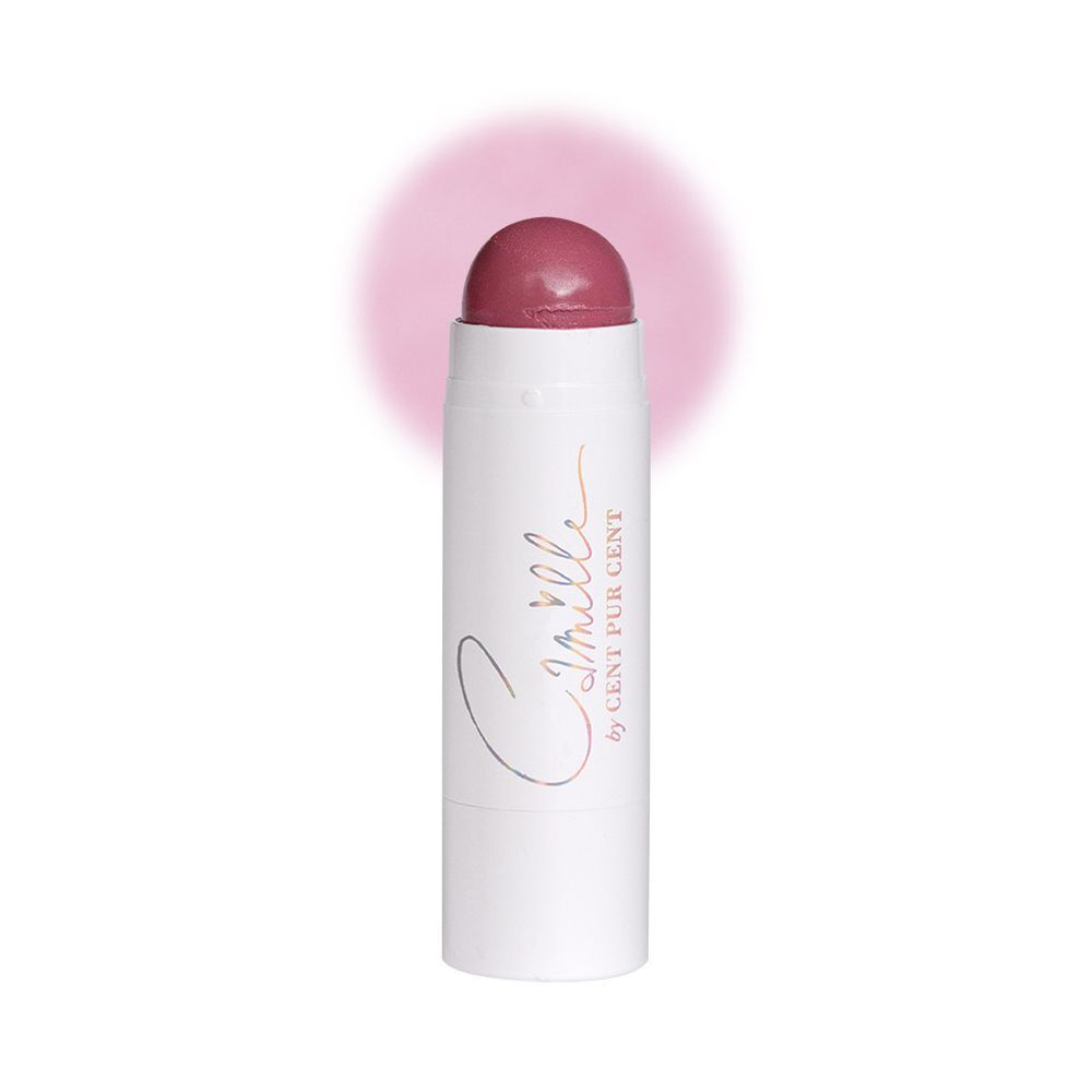 Bâton blanc avec tête rose, capuchon transparent. Inscription Camille by Cent Pur Cent.