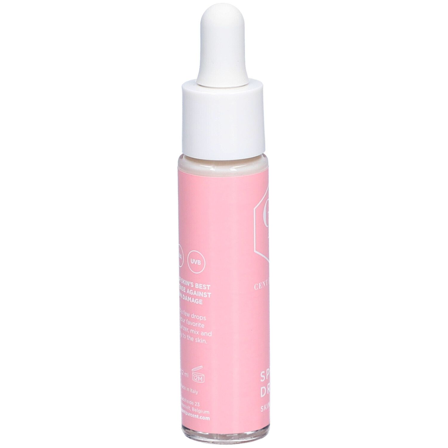 Flacon rose avec bouchon blanc et pipette. Inscription : Cent Pur Cent, SPF 50 Drops, Skin Shield. Texte.