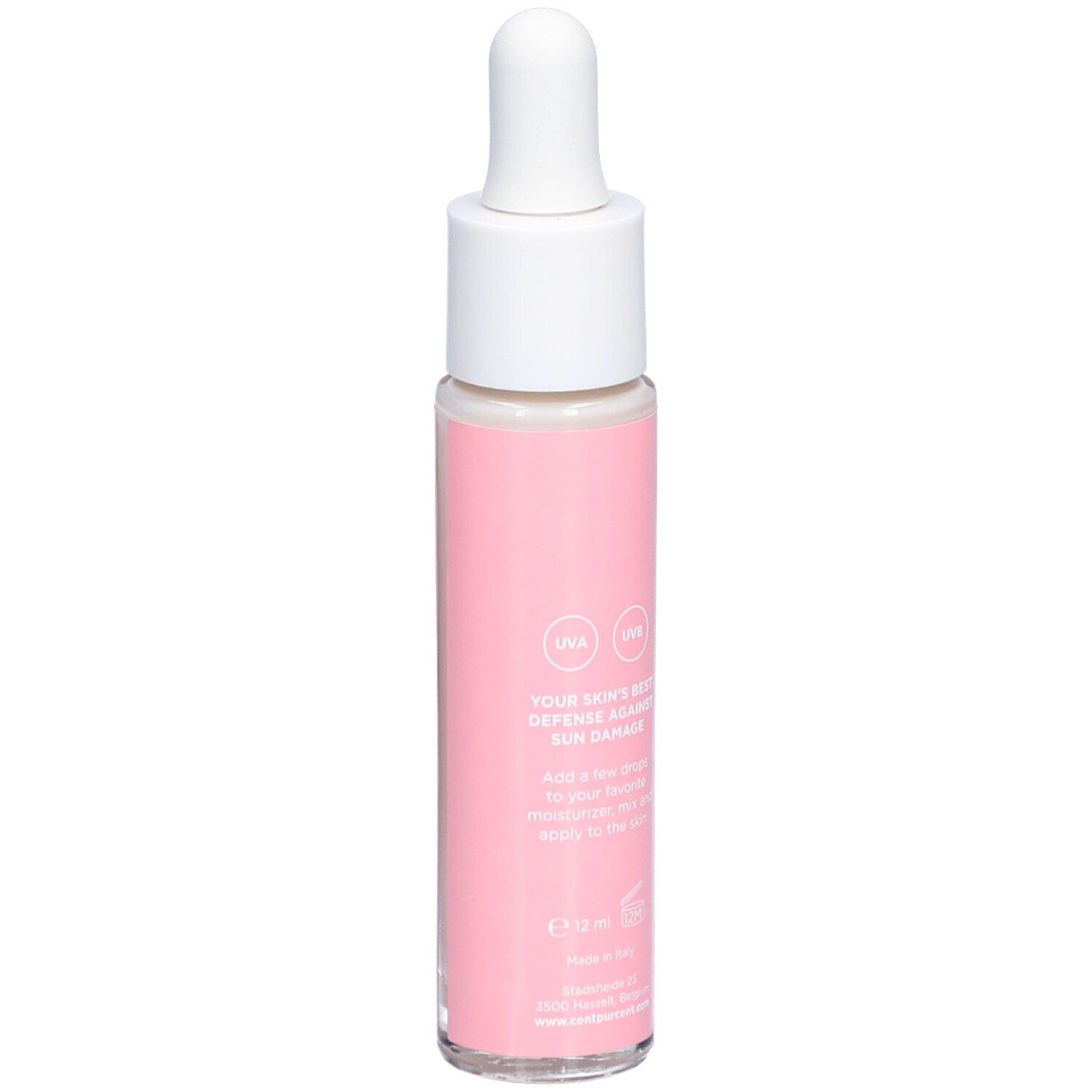 Flacon rose avec bouchon blanc et pipette. Inscription : Cent Pur Cent, SPF 50 Drops, Skin Shield. Texte.