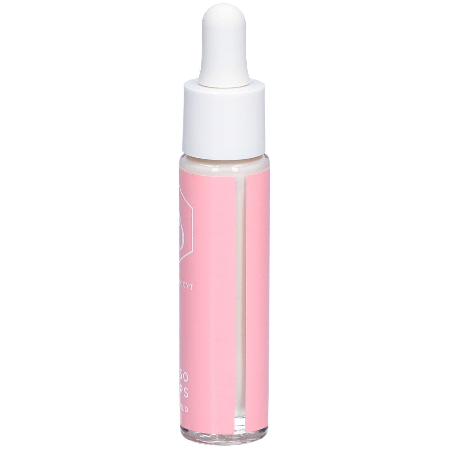 Flacon rose avec bouchon blanc et pipette. Inscription : Cent Pur Cent, SPF 50 Drops, Skin Shield.