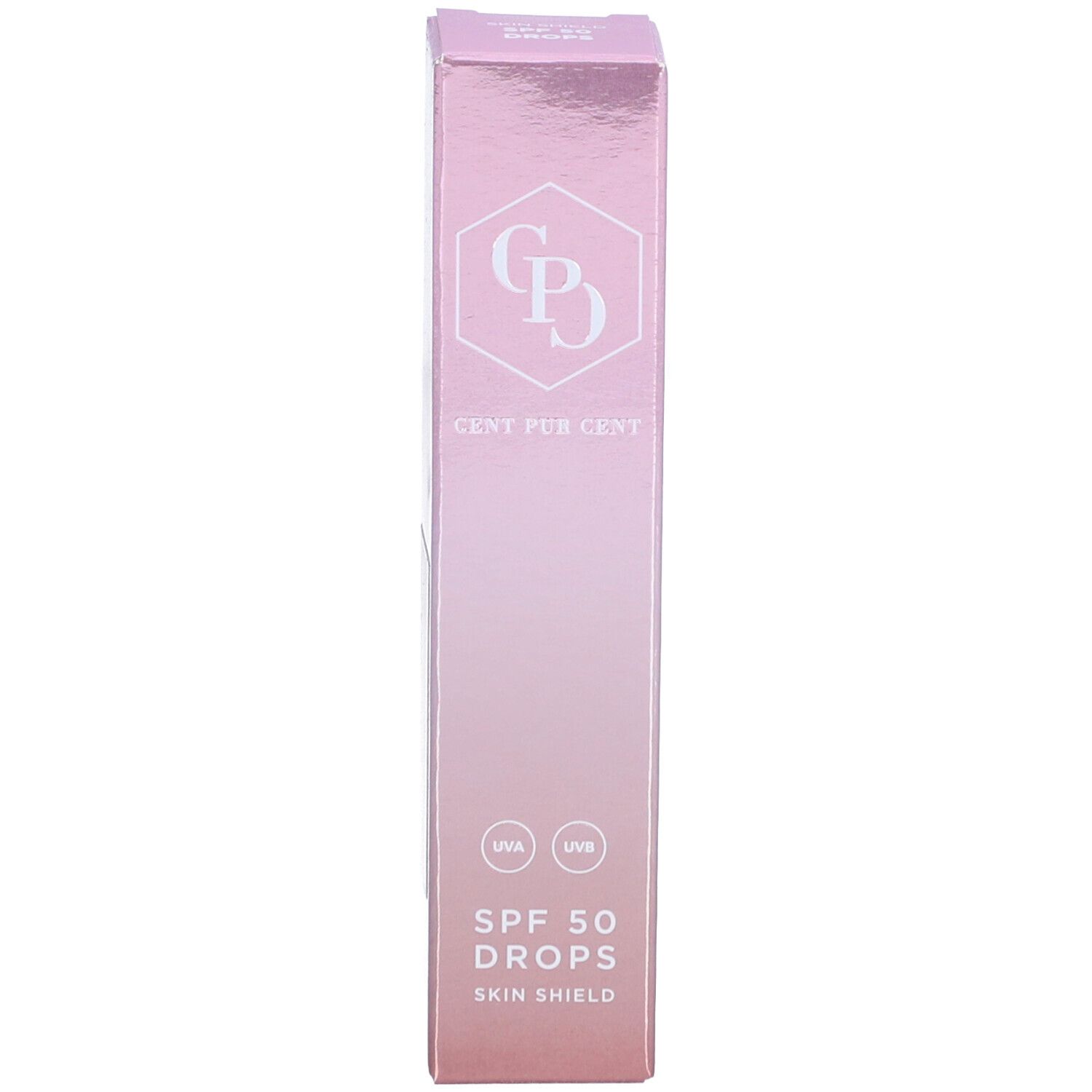 Emballage rose avec inscription : Cent Pur Cent, SPF 50 Drops, Skin Shield. Logo UVA/UVB.