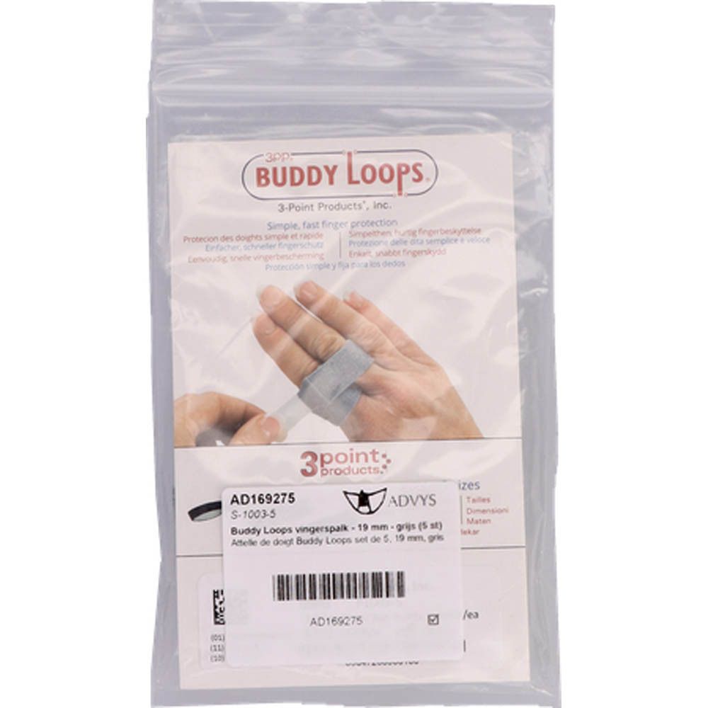 Emballage de Buddy Loops. Illustration du produit sur un doigt. Marque 3-Point Products, marquage CE.