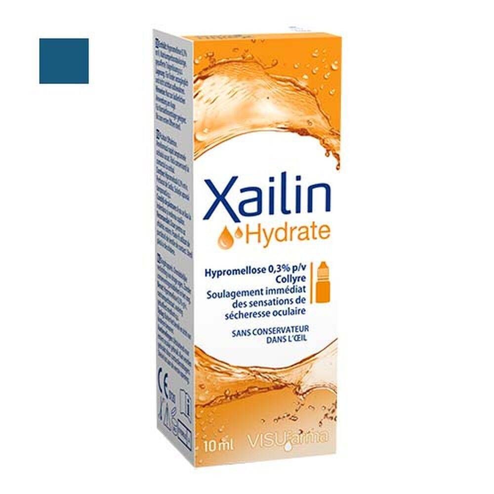 Boîte de collyre Xailin Hydrate. Orange et blanc. Contient 10 ml. Texte : Hypromellose 0,3%. Soulagement immédiat des yeux secs. Marquage CE.