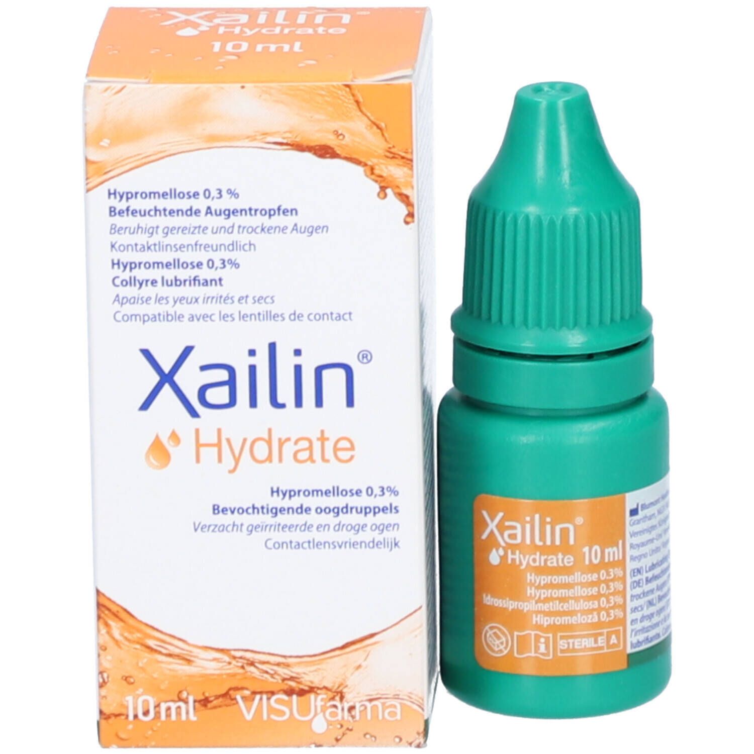 Gouttes ophtalmiques Xailin Hydrate et emballage. Flacon vert, emballage blanc. Contient 10 ml. Texte : Hypromellose 0,3%. Compatible lentilles.