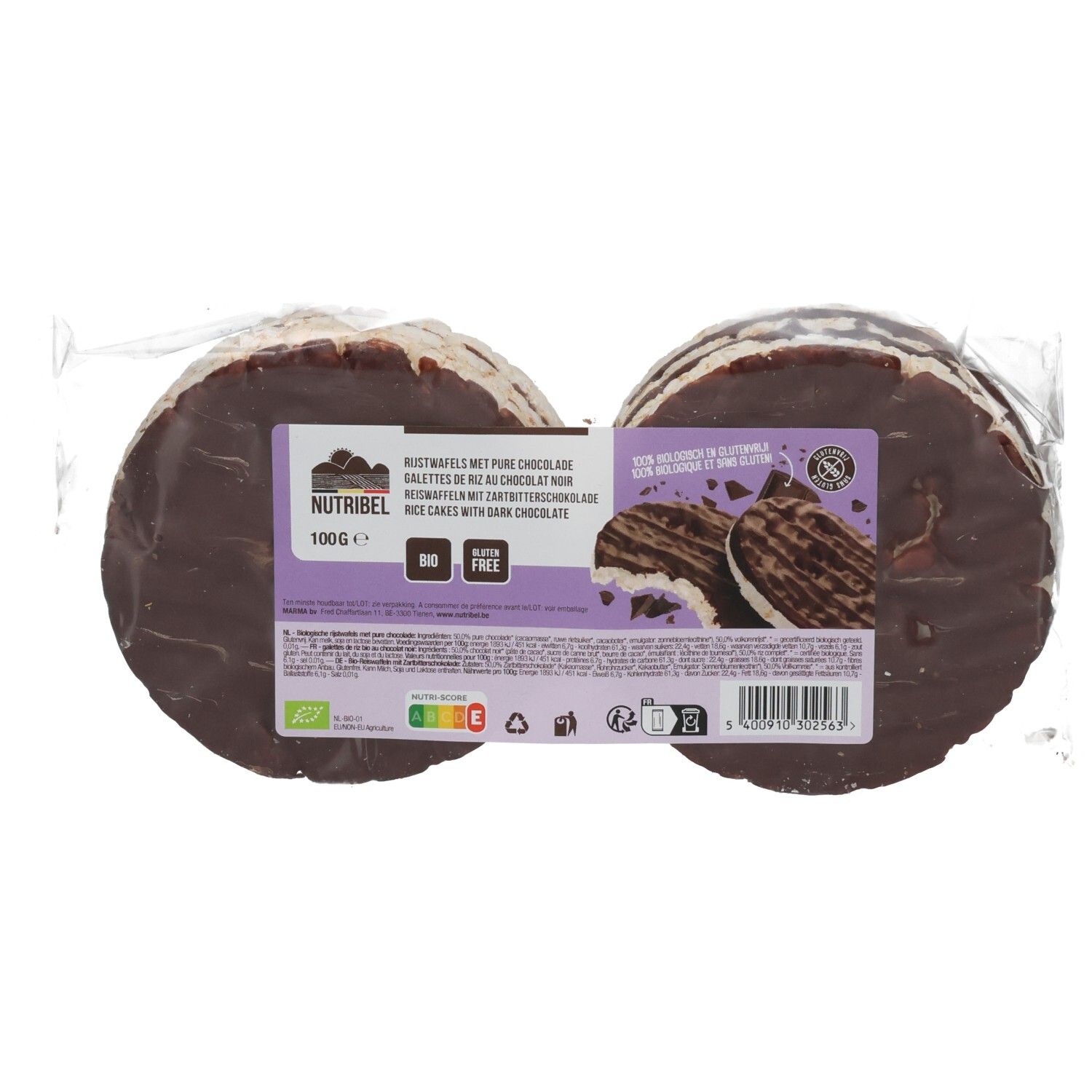 Emballage de galettes de riz au chocolat noir. Marque, nom du produit, label bio et sans gluten visibles.