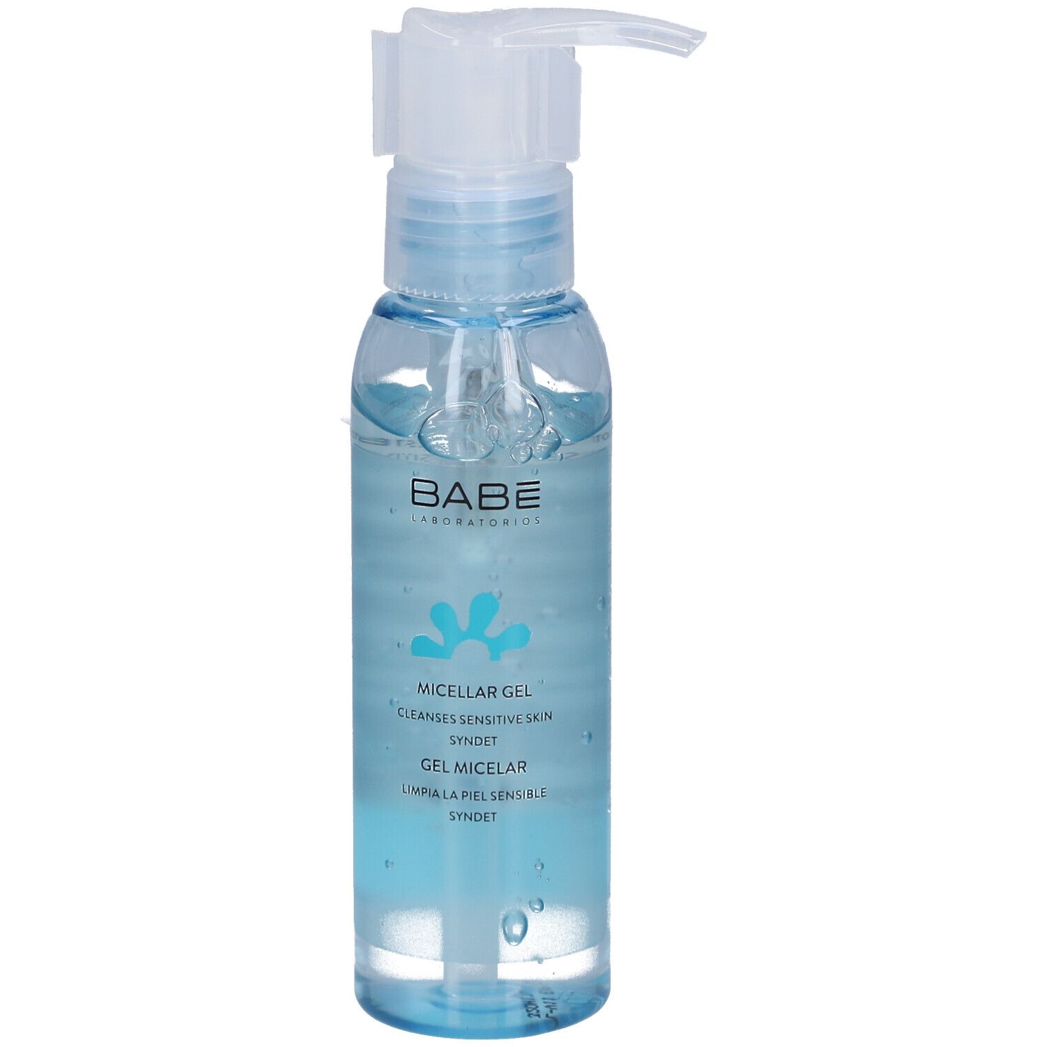 Flacon transparent avec gel bleu et pompe doseuse. Inscription: BABÉ, Micellar Gel, nettoie les peaux sensibles.