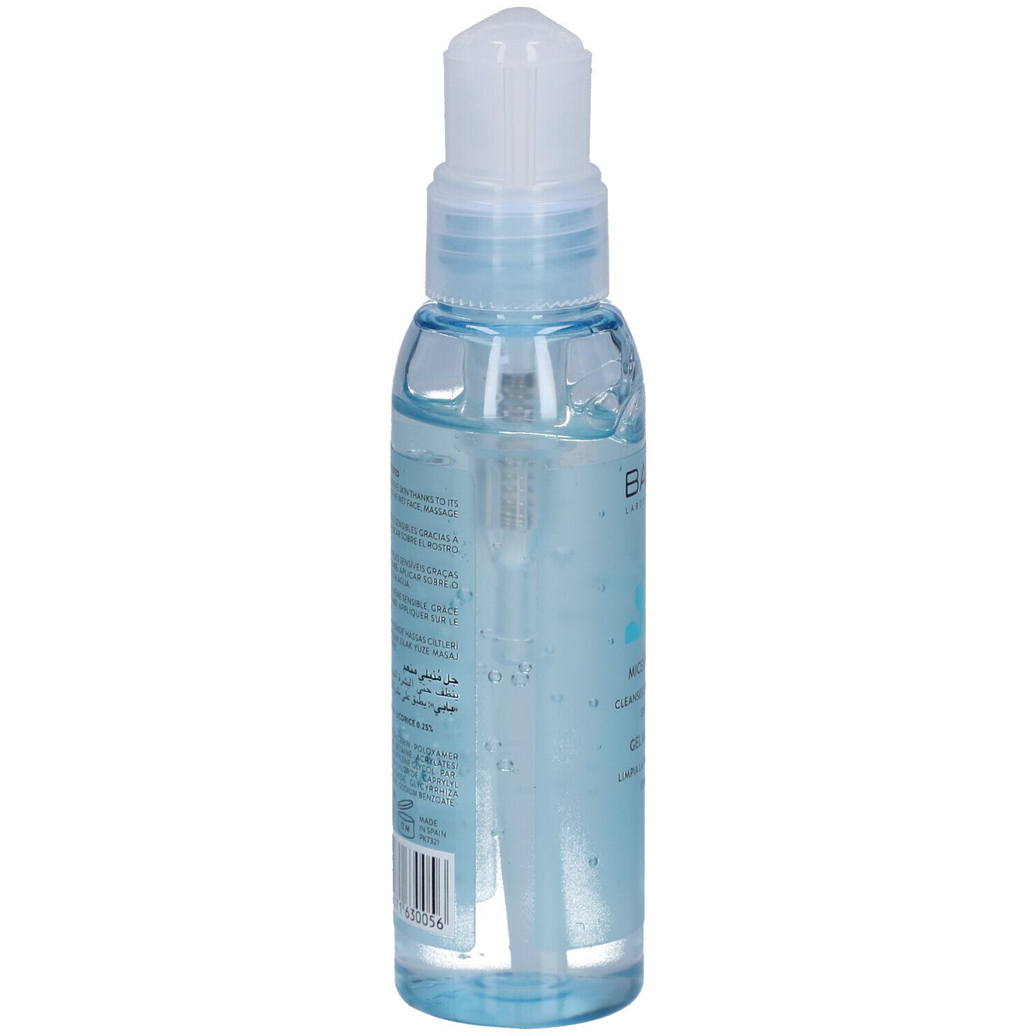 Vue arrière d'un flacon transparent avec gel bleu et pompe doseuse. Texte sur le flacon.