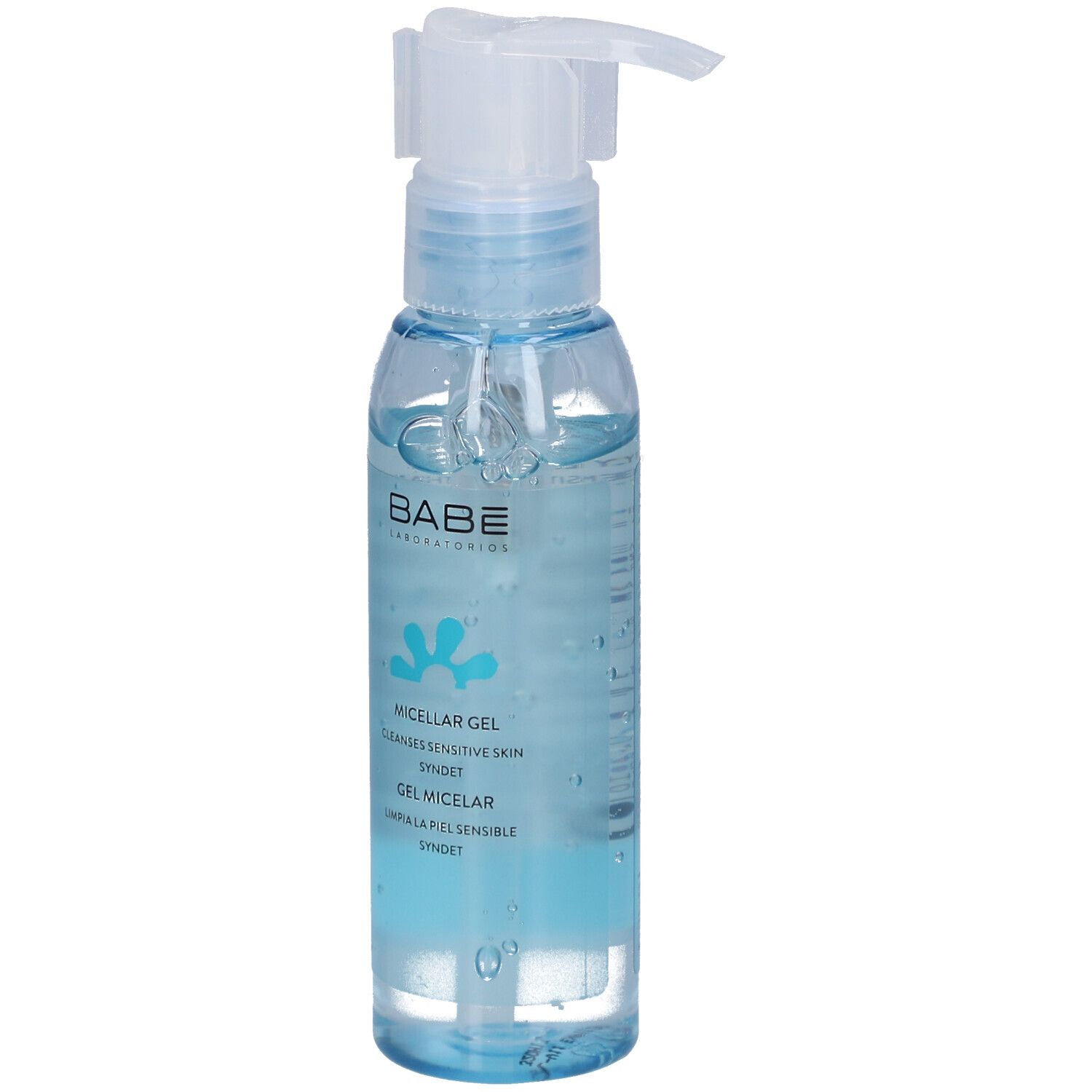 Flacon transparent avec gel bleu et pompe doseuse. Inscription: BABÉ, Micellar Gel, nettoie les peaux sensibles.