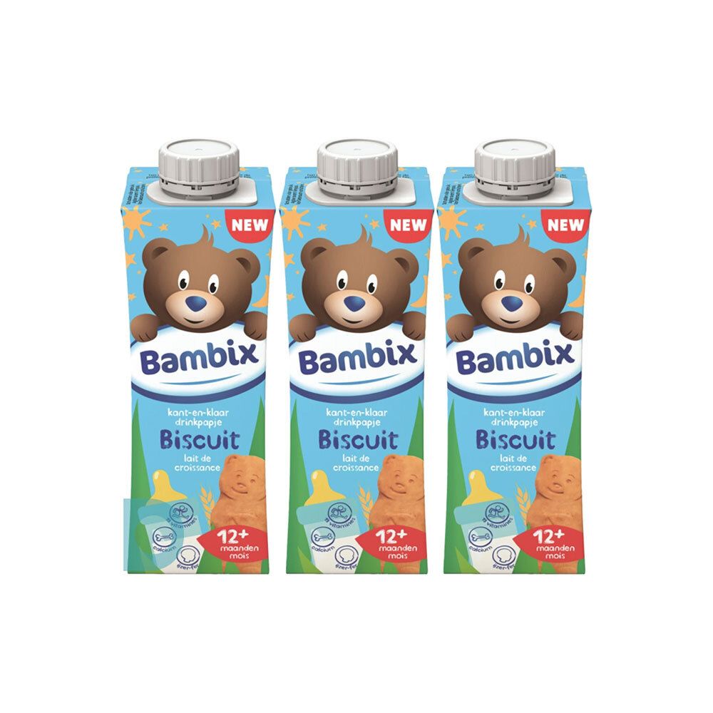 Trois briques de Bambix Lait de Croissance Biscuit 12+ mois. Chaque brique présente un ours et des informations sur le produit.