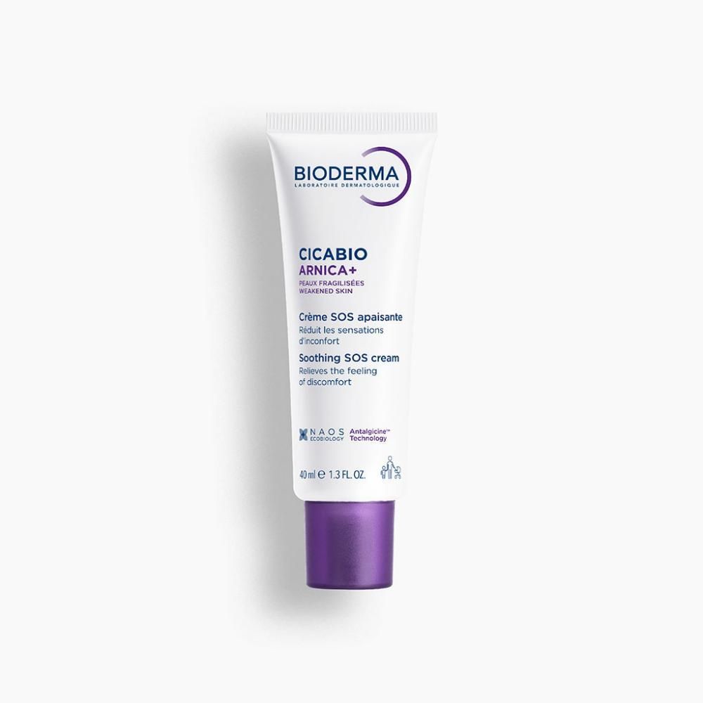 Tube blanc, bouchon violet. Inscriptions: BIODERMA, Cicabio Arnica+, Crème SOS apaisante, 40 ml.