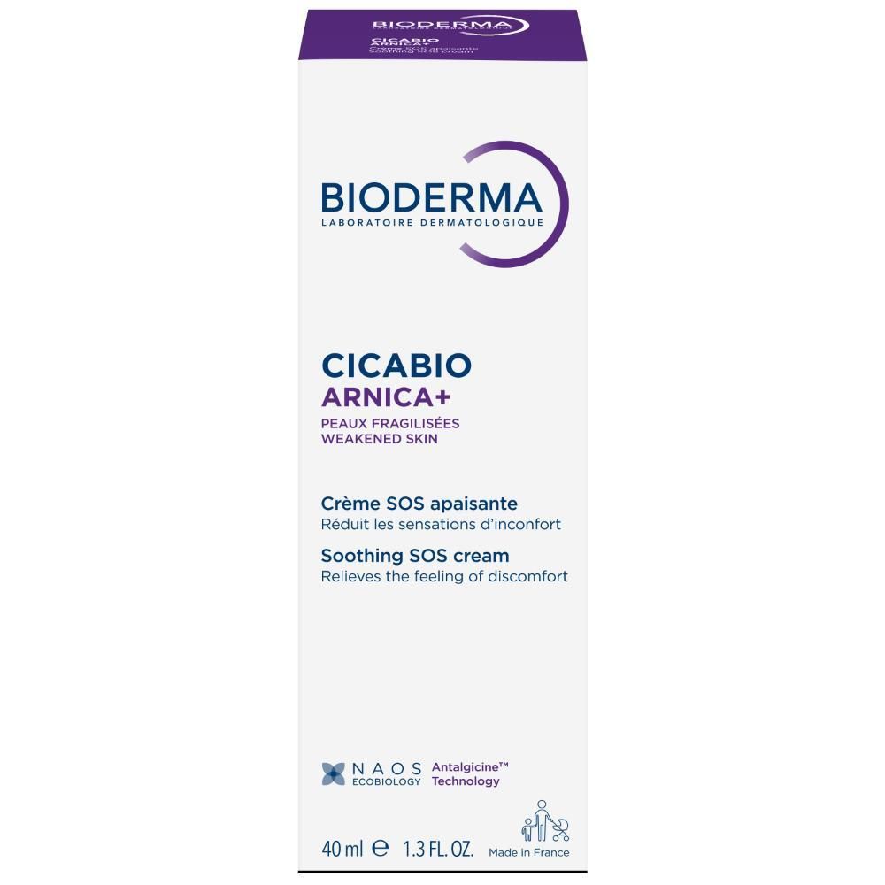 Emballage. Inscriptions: BIODERMA, Cicabio Arnica+, Crème SOS apaisante, 40 ml.