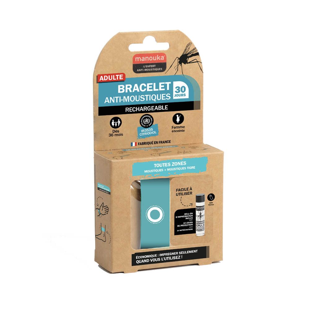 Bracelet Manouka anti-moustiques rechargeable, dans son emballage avec illustration de moustique et bracelet.