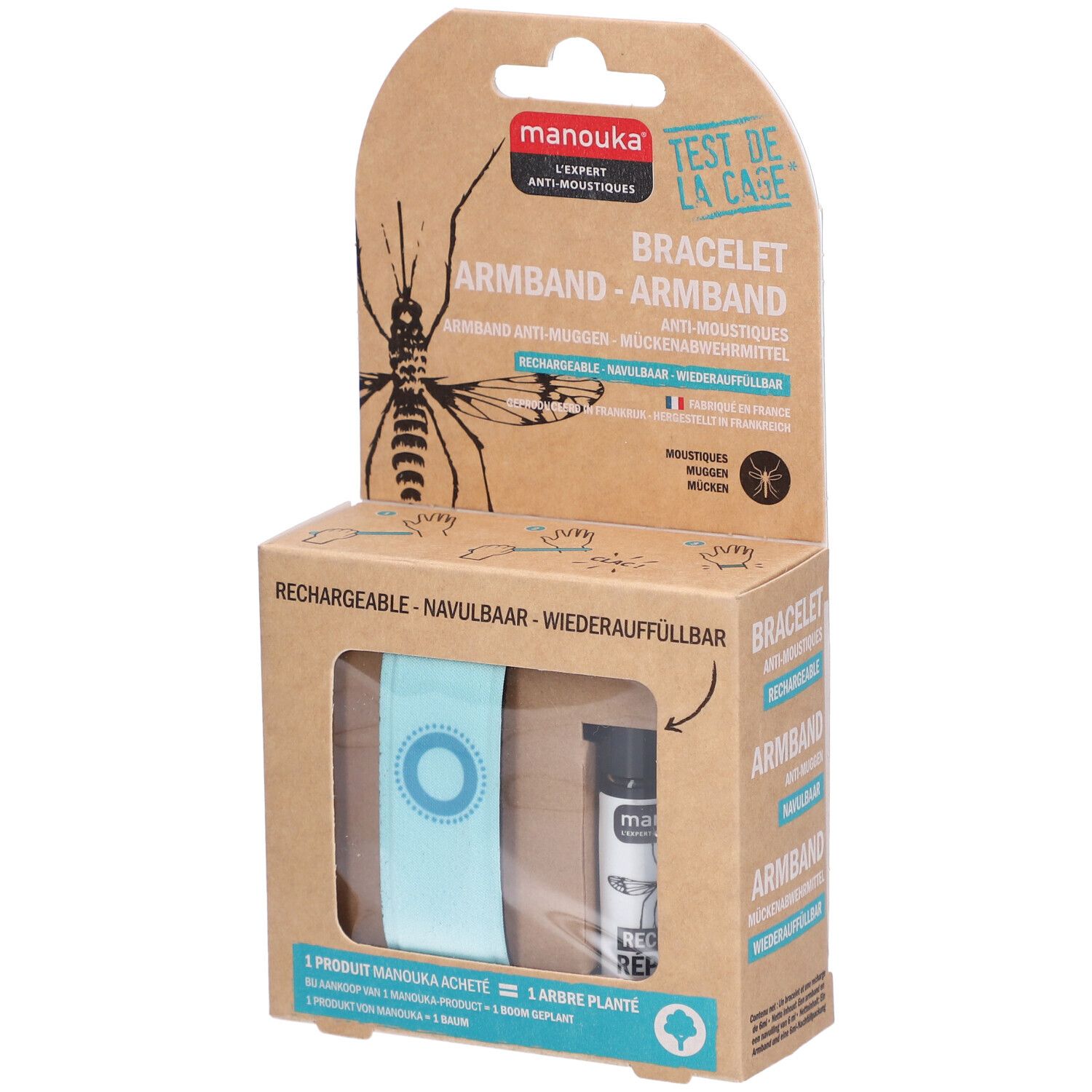 Emballage avec bracelet, recharge et flacon recharge. Bracelet turquoise. Marque Manouka.