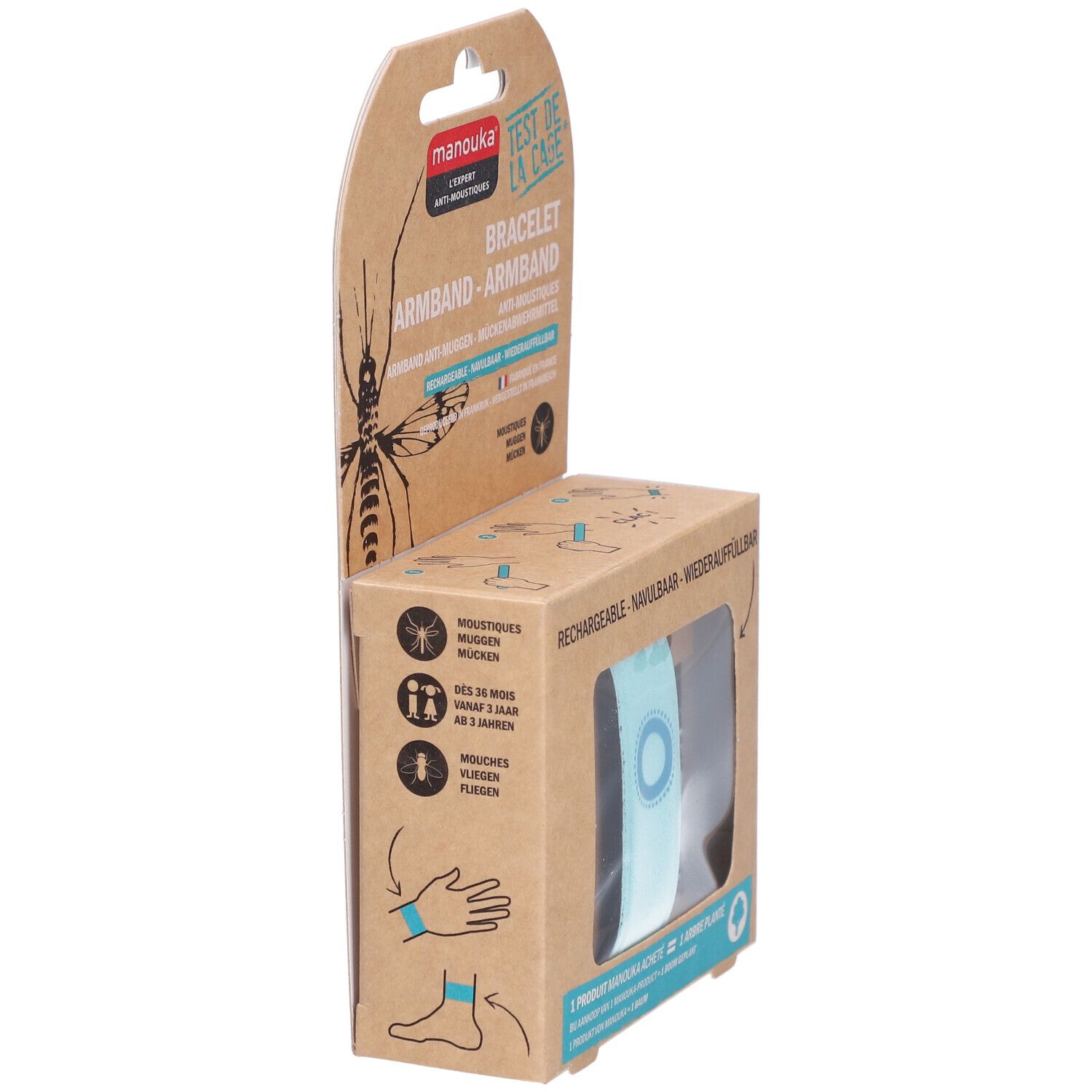 Emballage avec bracelet et recharge. Bracelet turquoise avec cercle bleu. Marque Manouka.