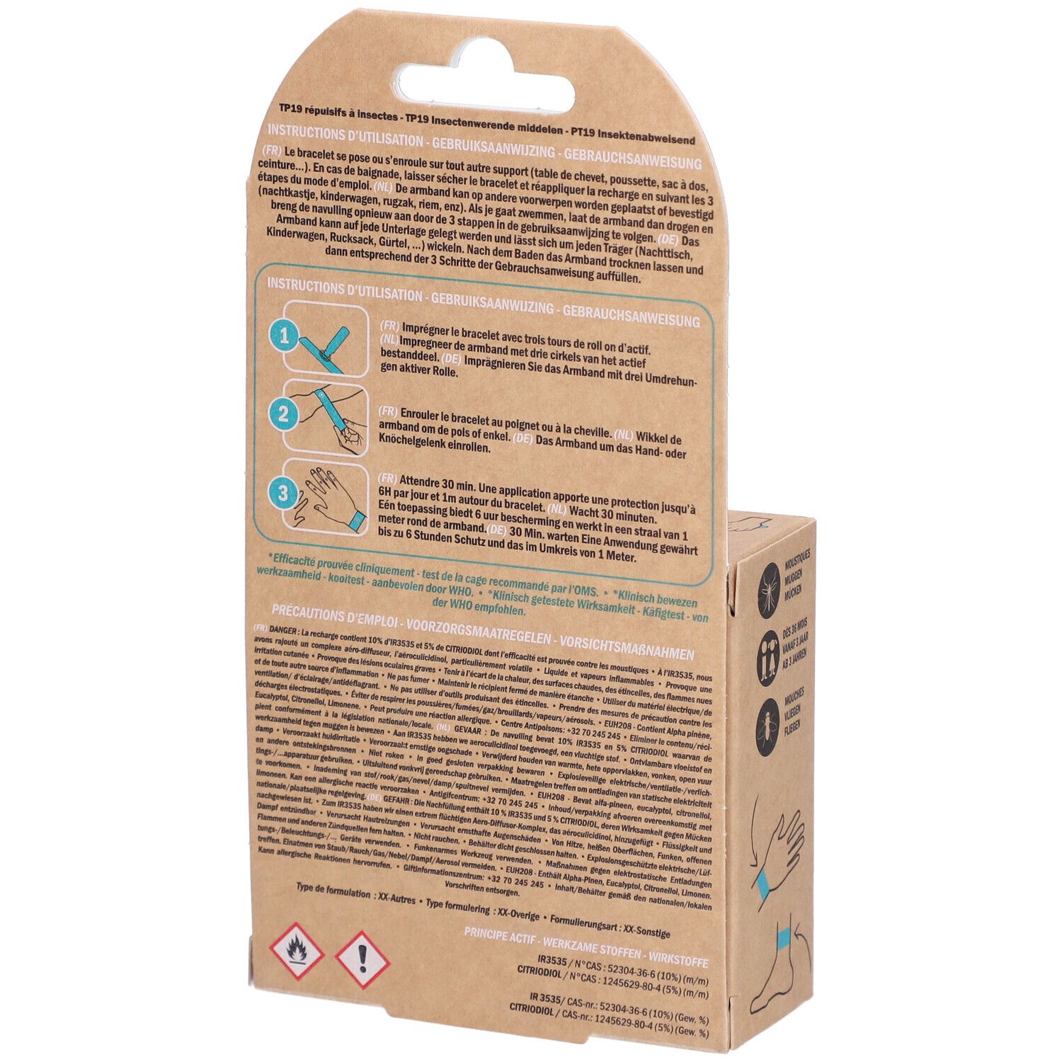 Dos de l'emballage avec instructions et avertissements. Texte multilingue.