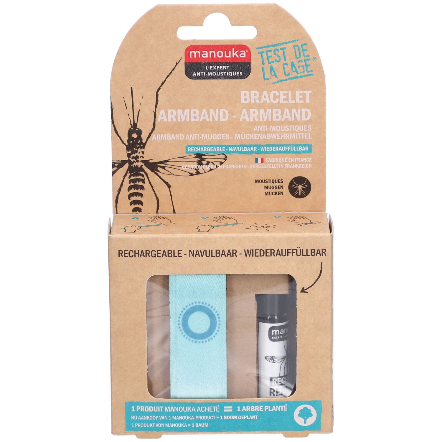 Emballage avec bracelet, recharge et flacon recharge. Bracelet turquoise. Marque Manouka.