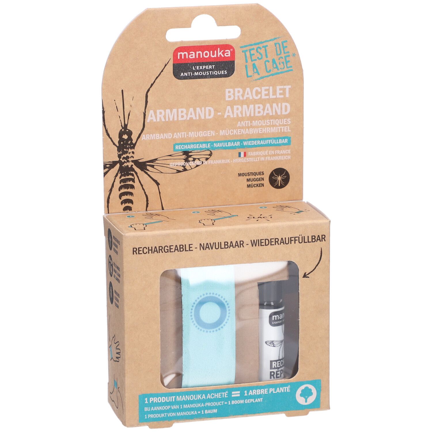 Emballage avec bracelet, recharge et flacon recharge. Bracelet turquoise. Marque Manouka.
