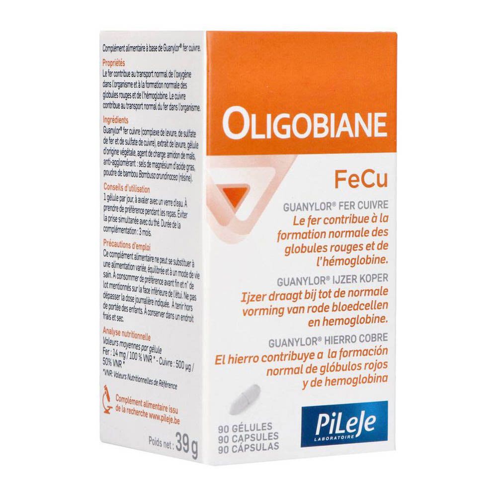 Boîte avec texte: Oligobiane FeCu. 90 gélules. Marque: Pileje. 39 g.