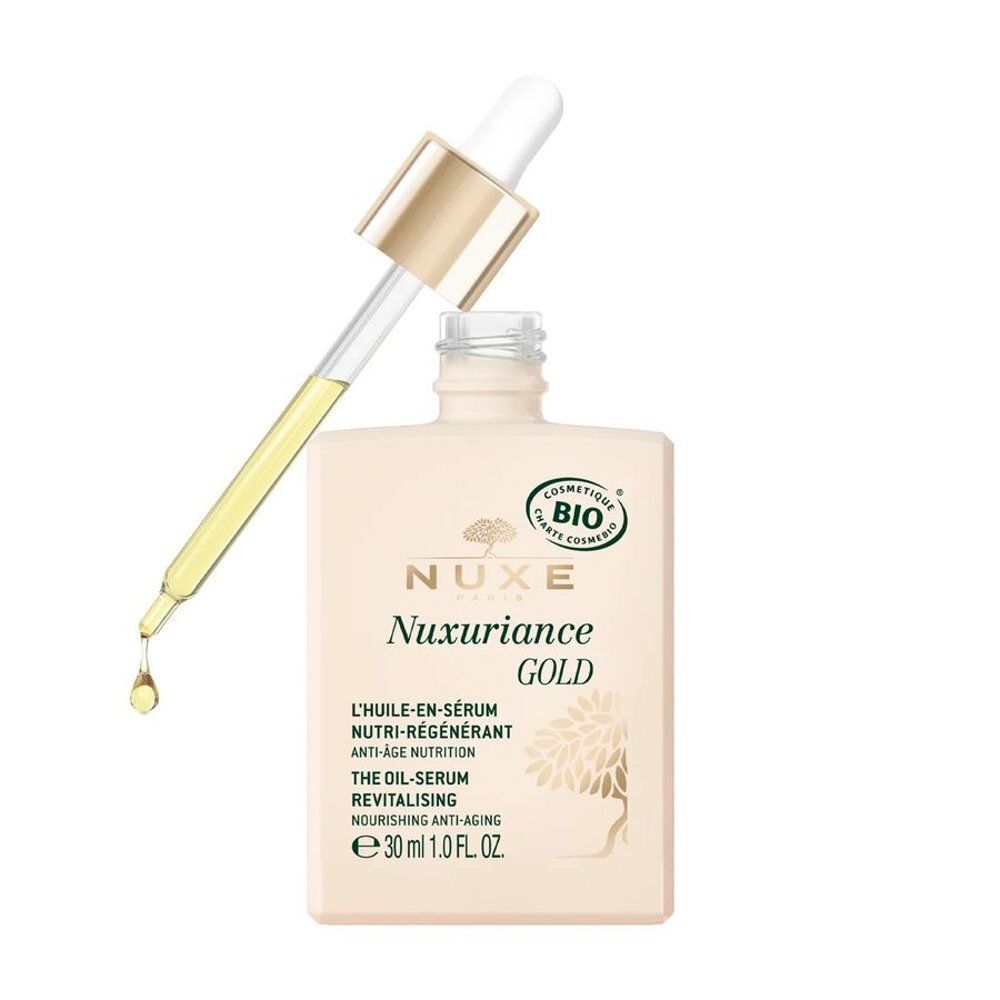 Flacon Nuxe Nuxuriance Gold avec pipette, 30ml. Avec label BIO.