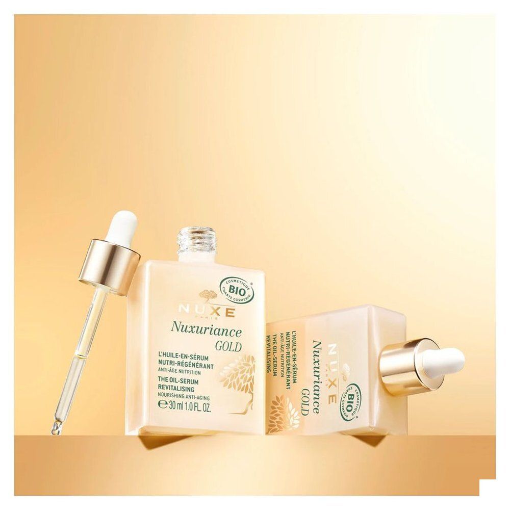 Flacon Nuxe Nuxuriance Gold avec pipette, 30ml. Avec label BIO.