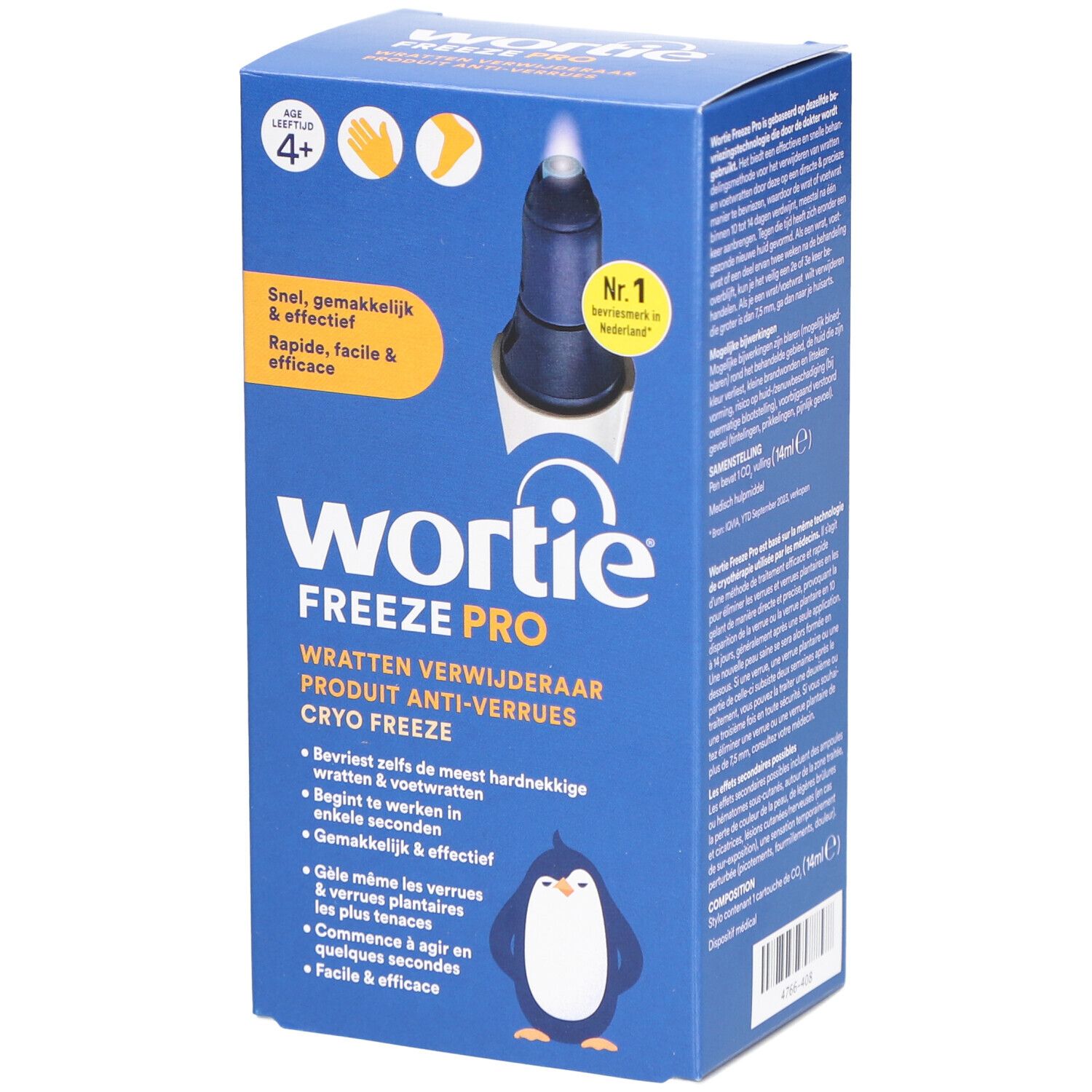 Boîte bleue Wortie Freeze Pro. Contient le produit et des pictogrammes. Texte en néerlandais et français.