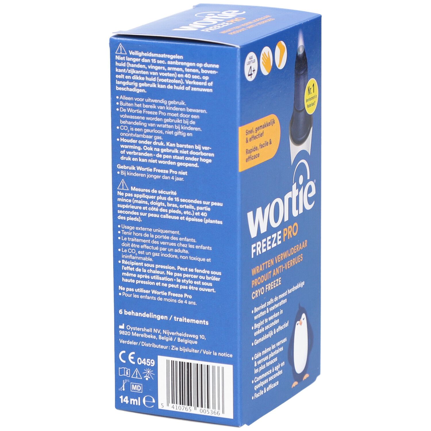 Dos de la boîte bleue Wortie Freeze Pro. Contient du texte en néerlandais et en français, ainsi que le marquage CE.
