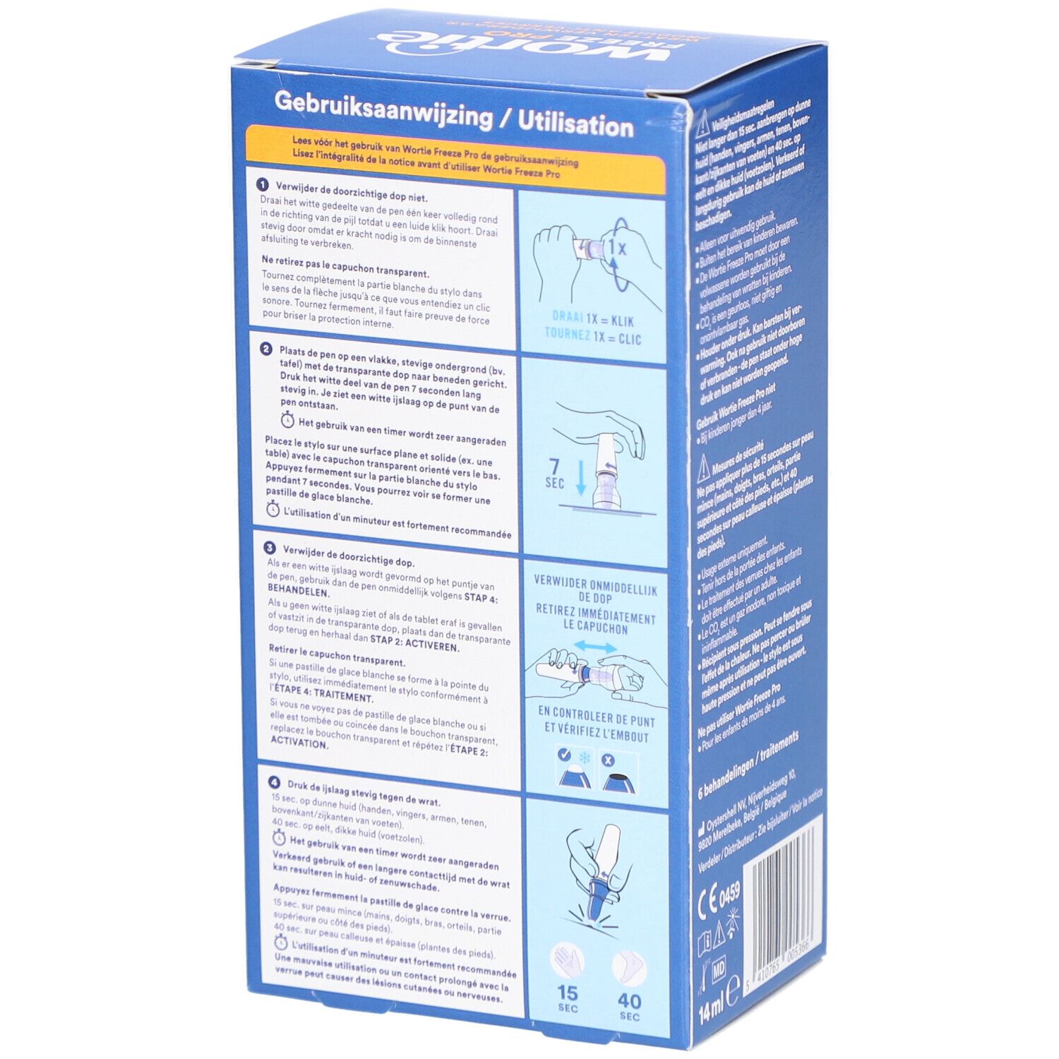 Instructions au dos de la boîte bleue Wortie Freeze Pro. Contient des illustrations et du texte en néerlandais et en français.