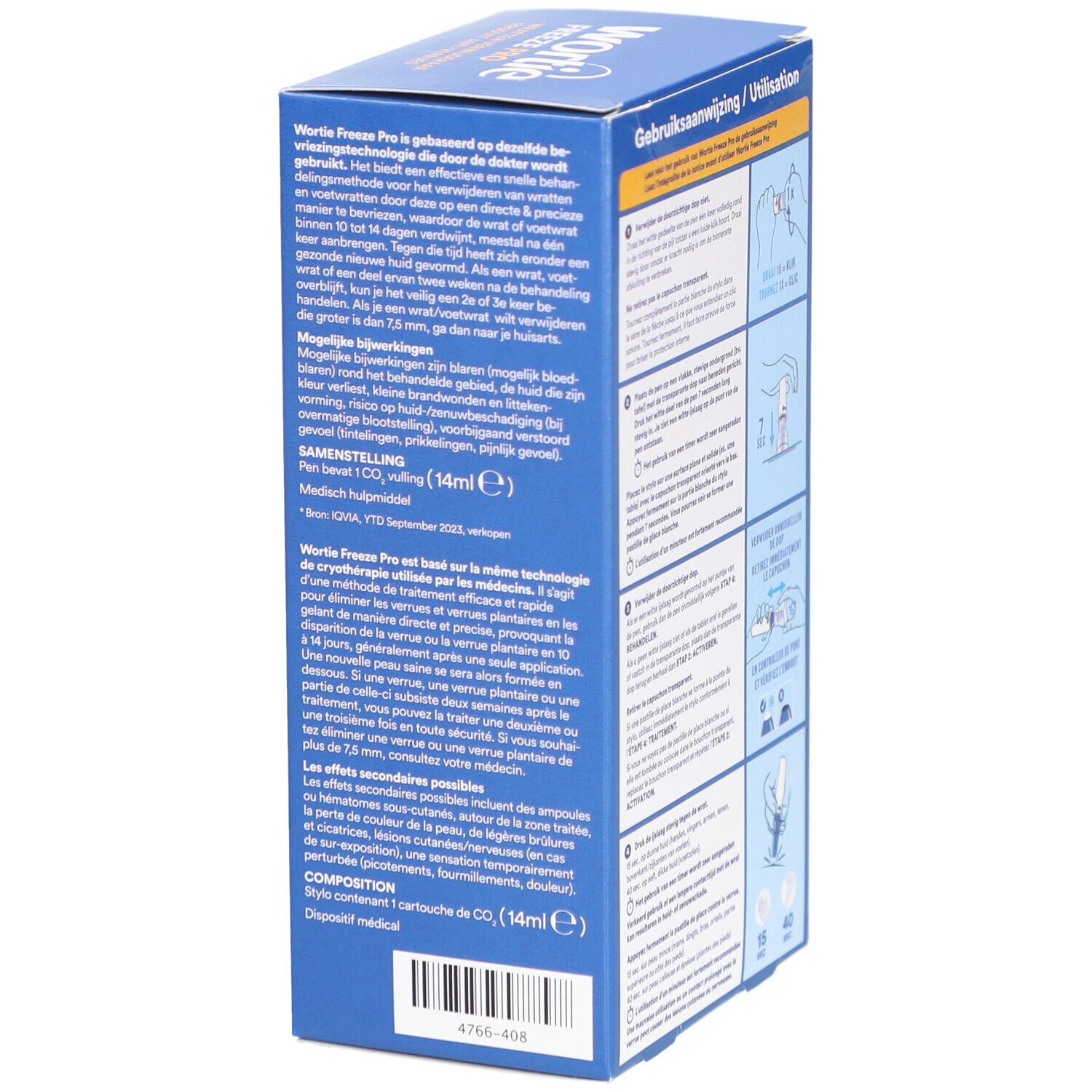 Dos de la boîte bleue Wortie Freeze Pro. Contient du texte en néerlandais et en français, ainsi que des informations d'utilisation.