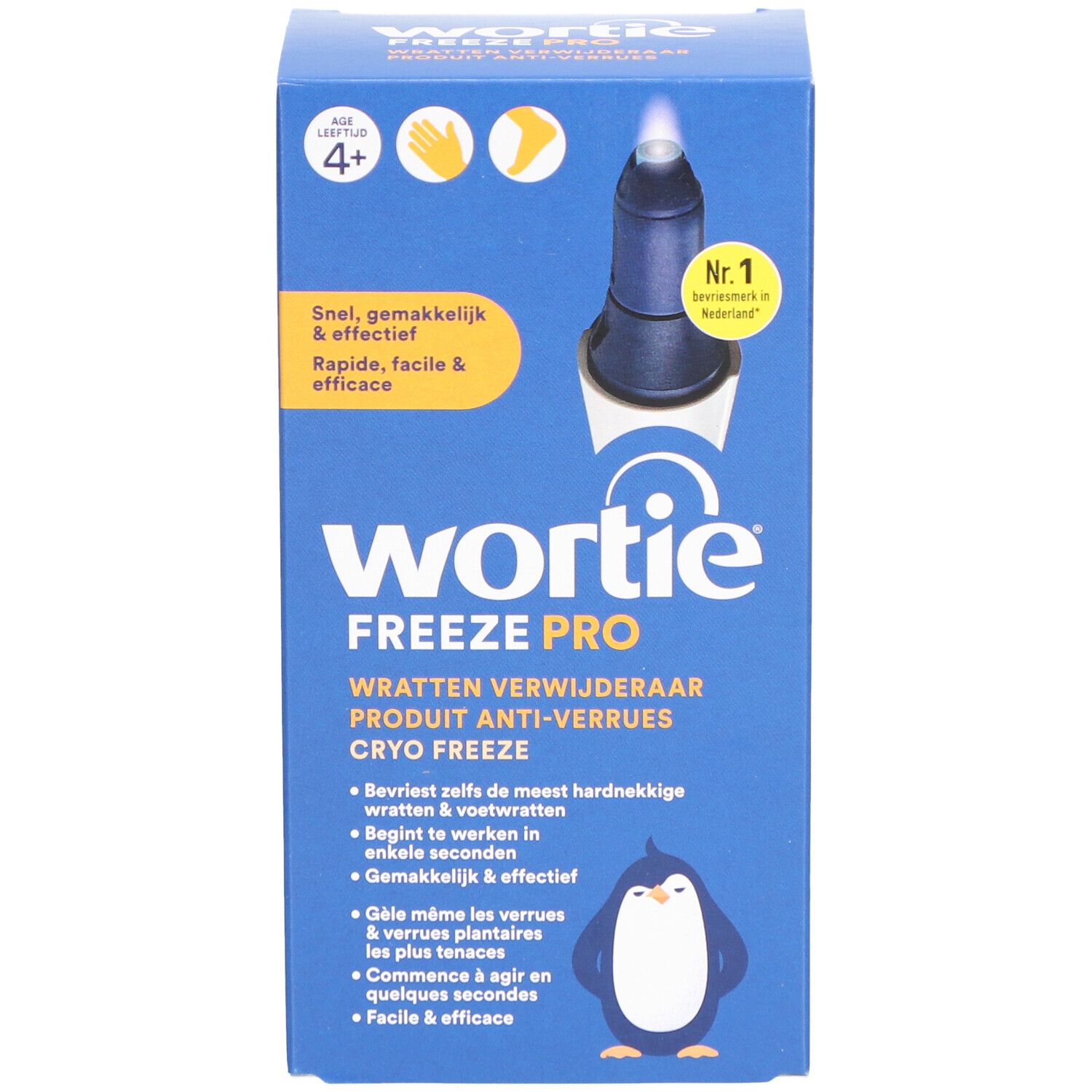 Face avant de la boîte bleue Wortie Freeze Pro. Contient l'image du produit, du texte en néerlandais et en français, et un logo pingouin.